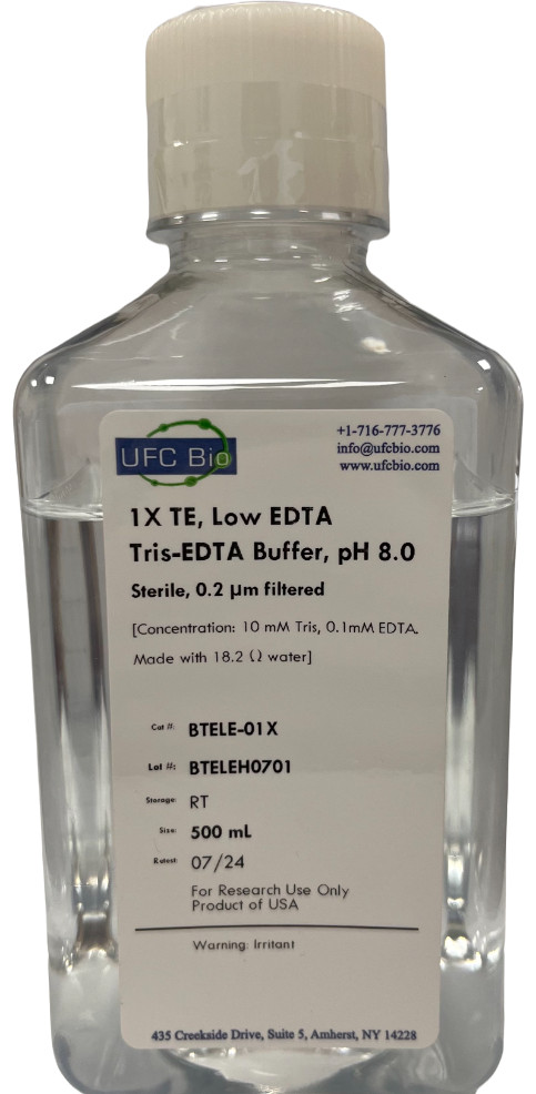 1X TE, Low EDTA, pH 8.0 – Tris-EDTA Buffer – Sterile, 0.2um Filtered – 500mL