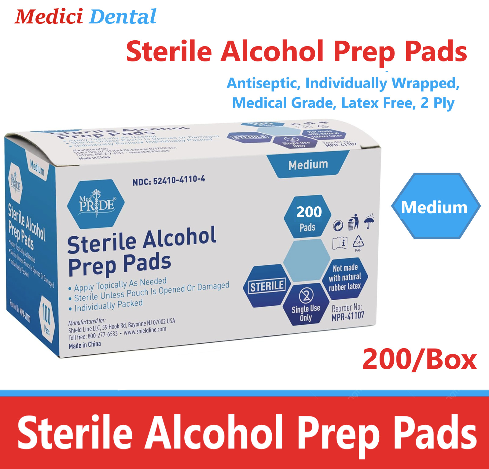 Sterile Alcohol Prep Pads, Antiseptic, Individually Wrap, Medical, Medium, 200Pk