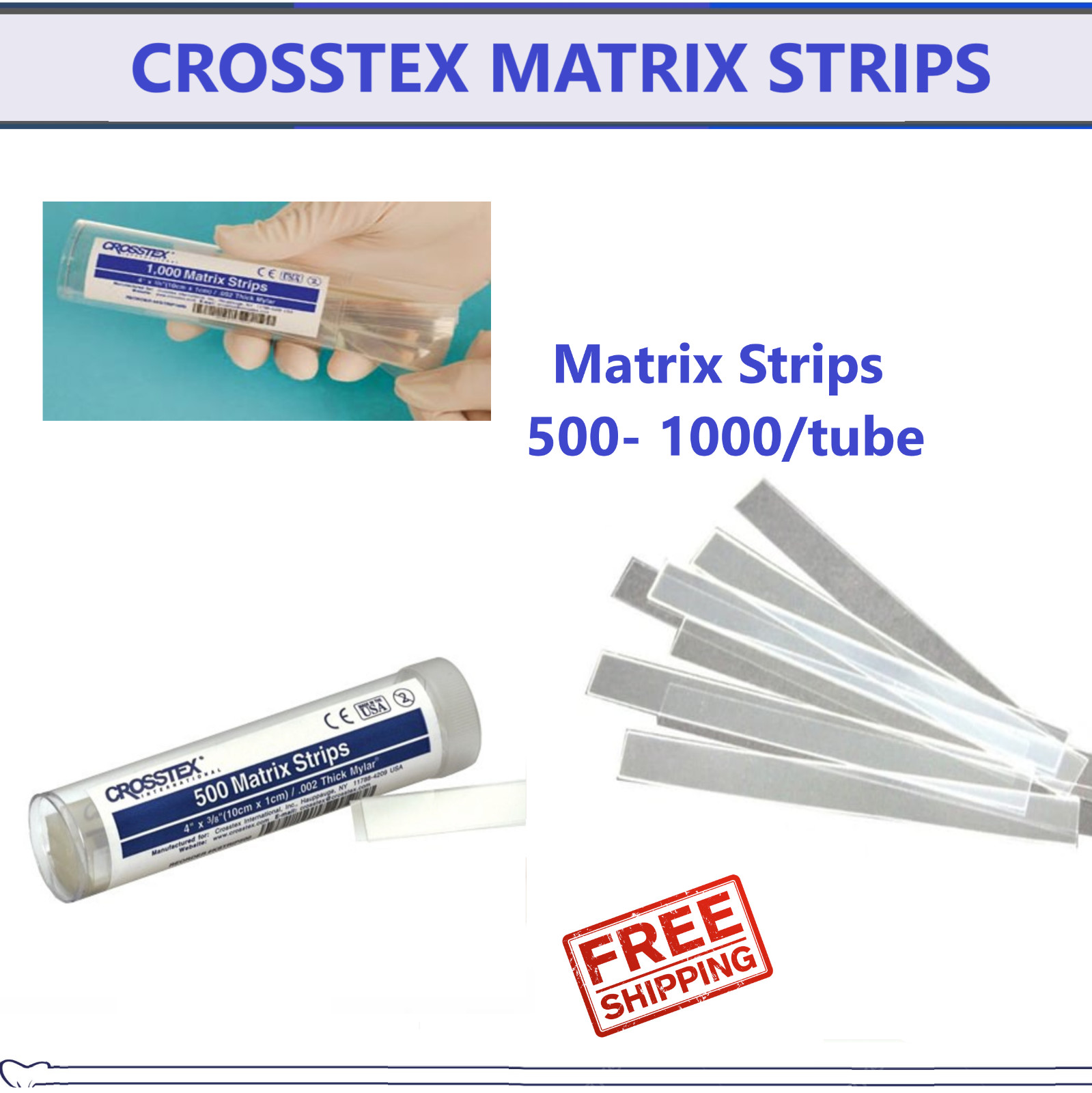 Dental Mylar Matrix Strips Clear 4 x 3/8″, .002″ Thick 500-1000/Tube Crosstex