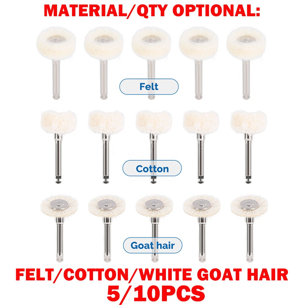 5/10Pc Dental Polishing Brush Wheel Burs RA Grit White Goat Hair /Cotton/Felt US