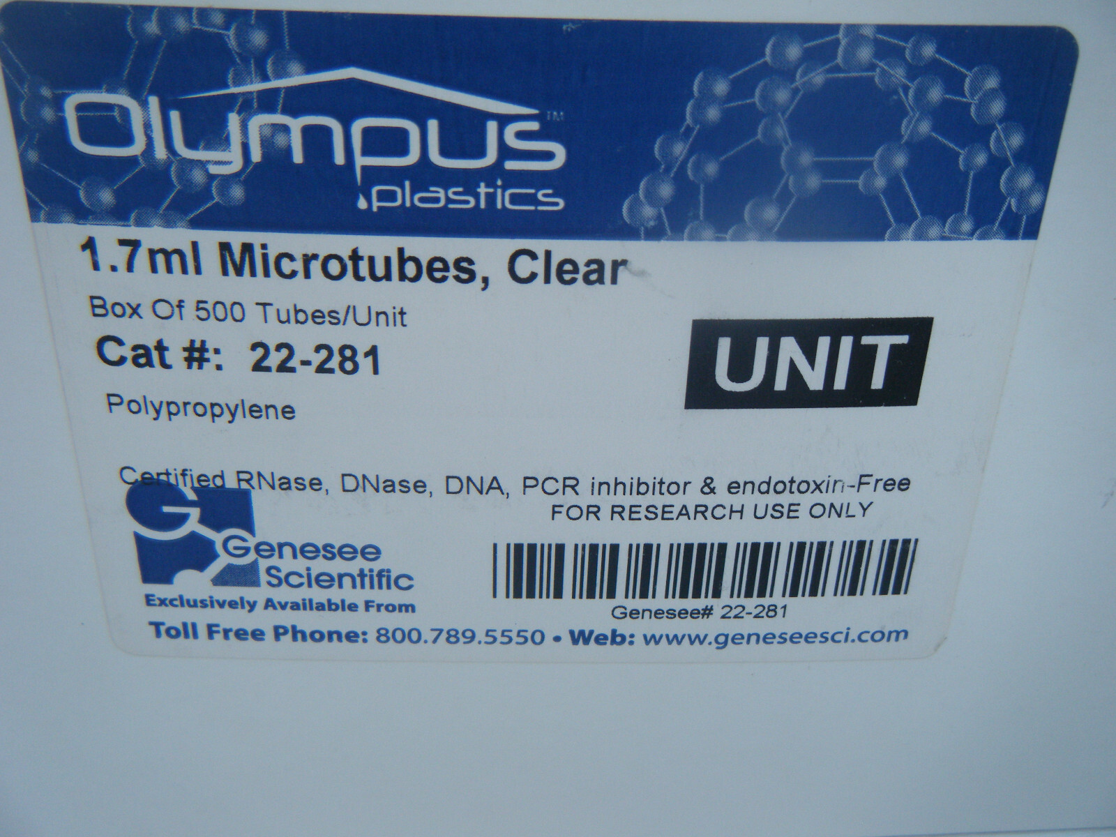 New Box 5000 Olympus 1.7ml clear microtubes. Cat 22-281. Free Shipping 48 States