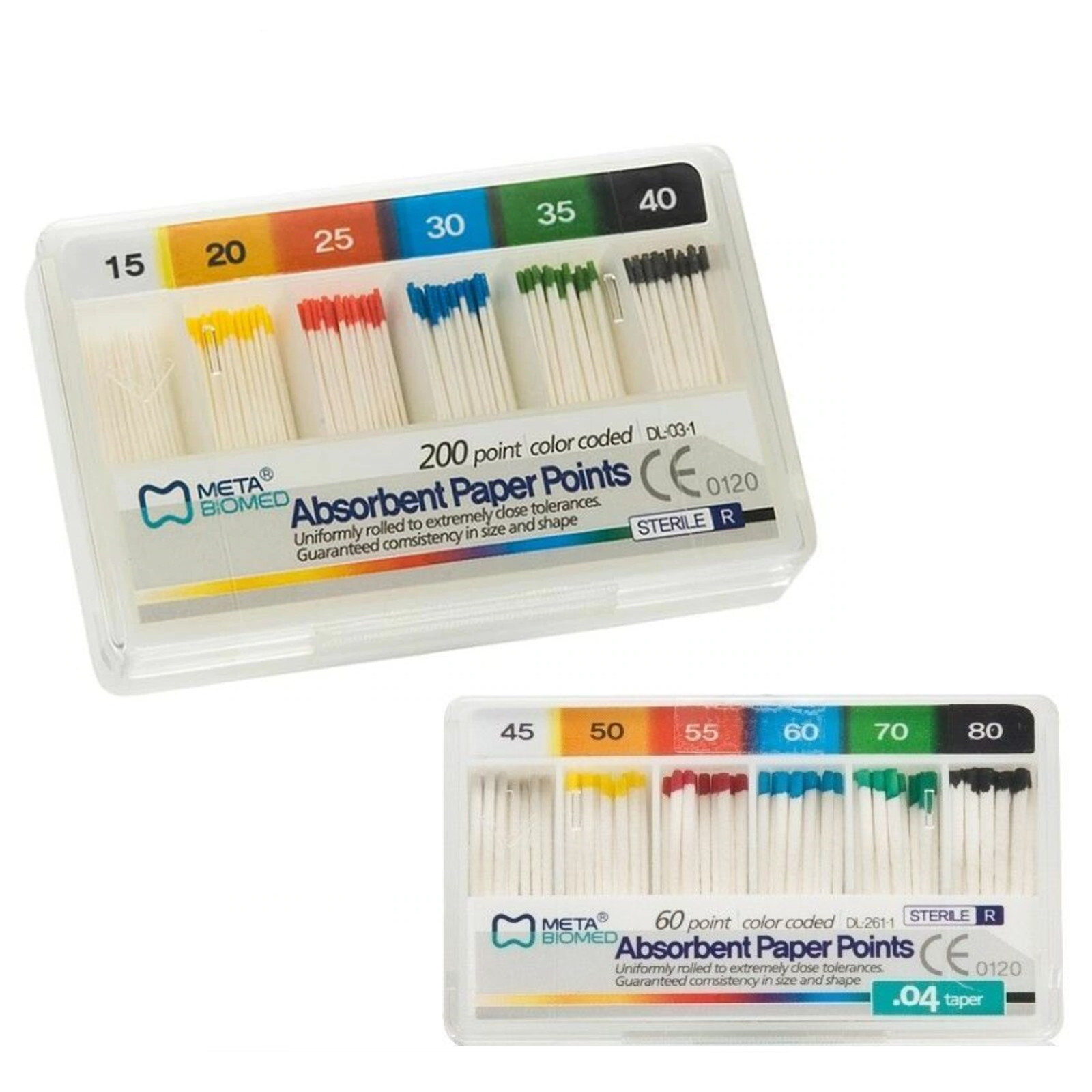Meta 1204-025 – Absorbent Paper Points – #25, Taper size 0.04, Color Coded