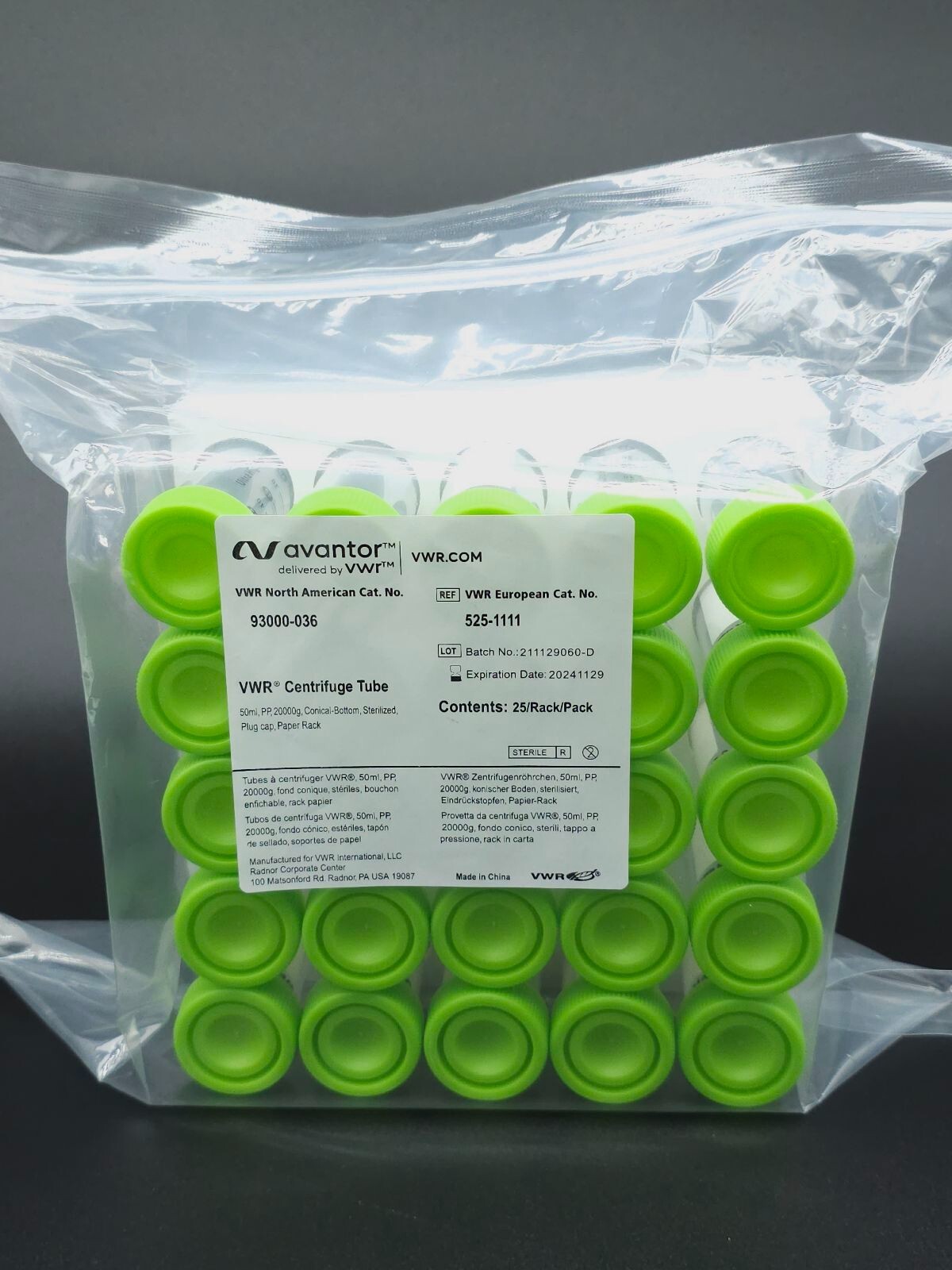 VWR Centrifuge Tube 50 ml Plug Cap 20000 g 25 Rack Pack Conical Tubes