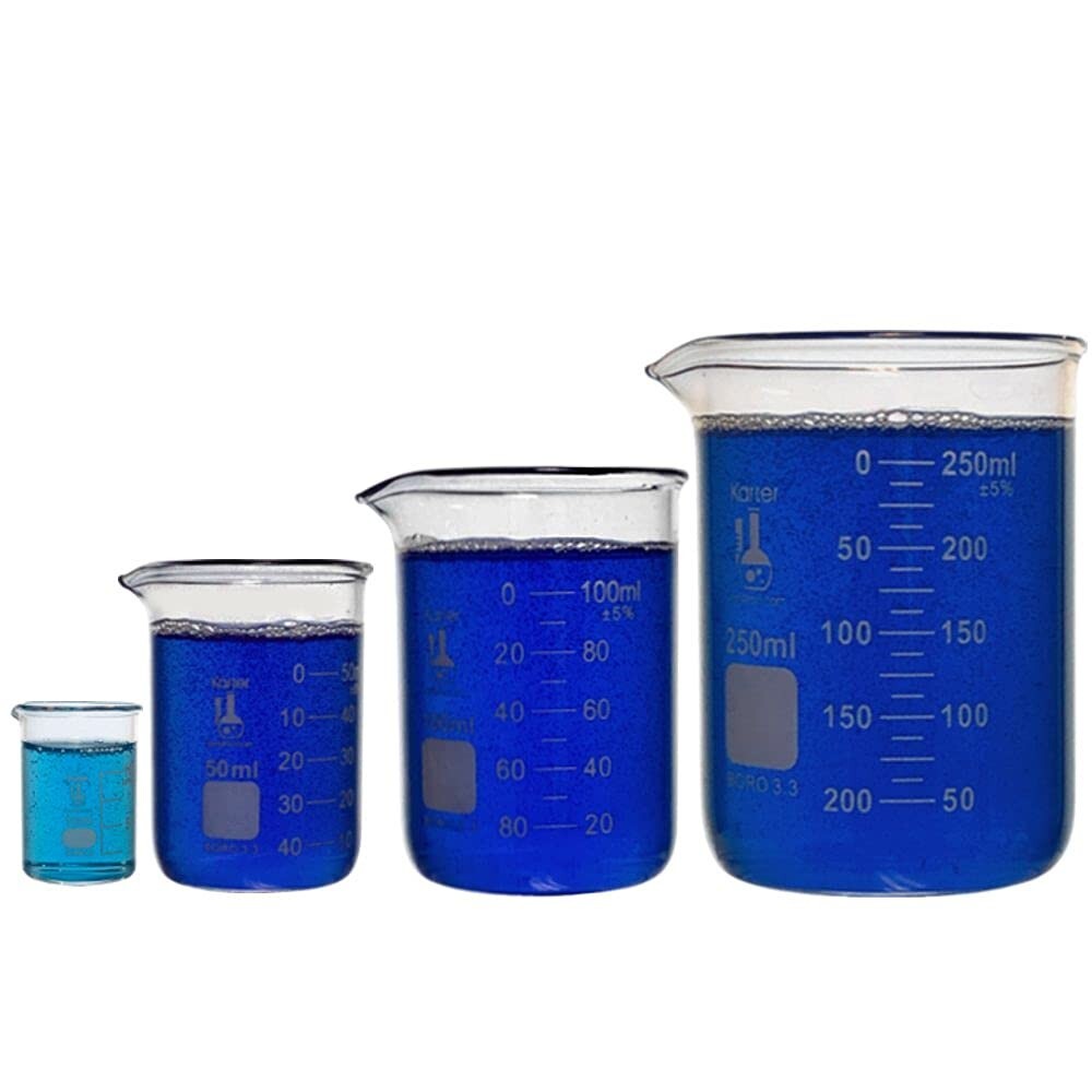 Glass Low Form Beaker Set 4 Sizes – 10 50 100 250ml 3.3 Boro Glass KarterSci