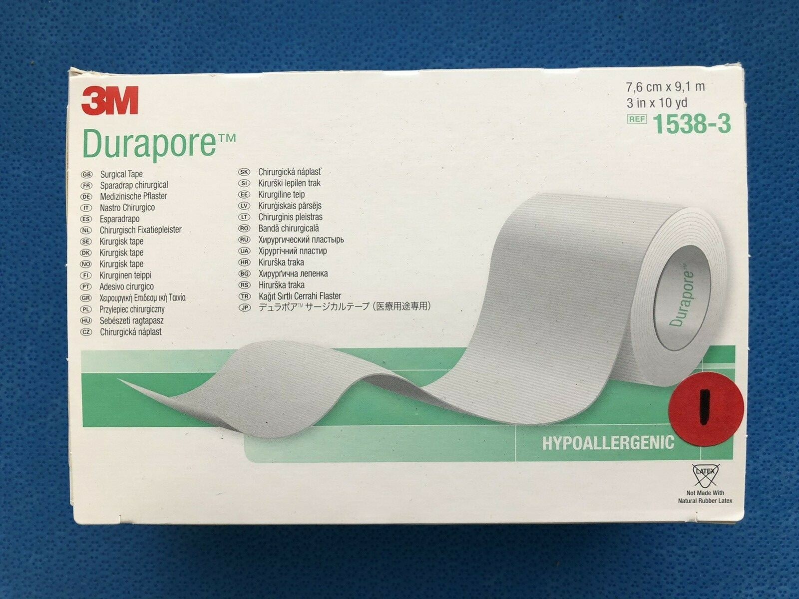3M Durapore Surgical tape 3”x10yards Hypoallergenic 1 Roll #1538-3