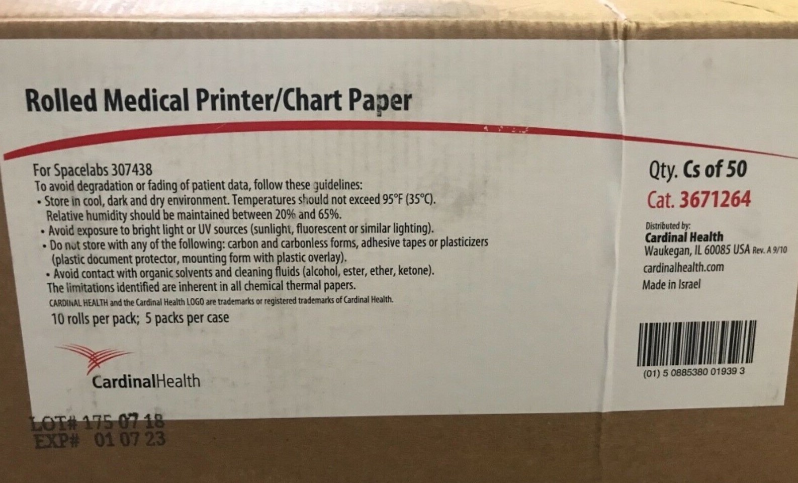Cardinal Health 3671264 Rolled Medical Printer/Chart Paper 50 case exp 1/07/2023