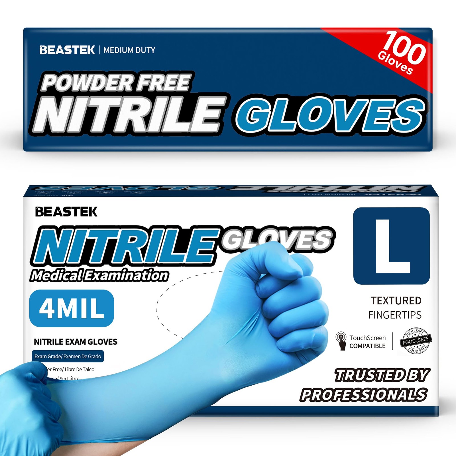 Beastek Blue Nitrile Exam Gloves, 4 mil Powder-Free Latex-Free Non-Sterile F…