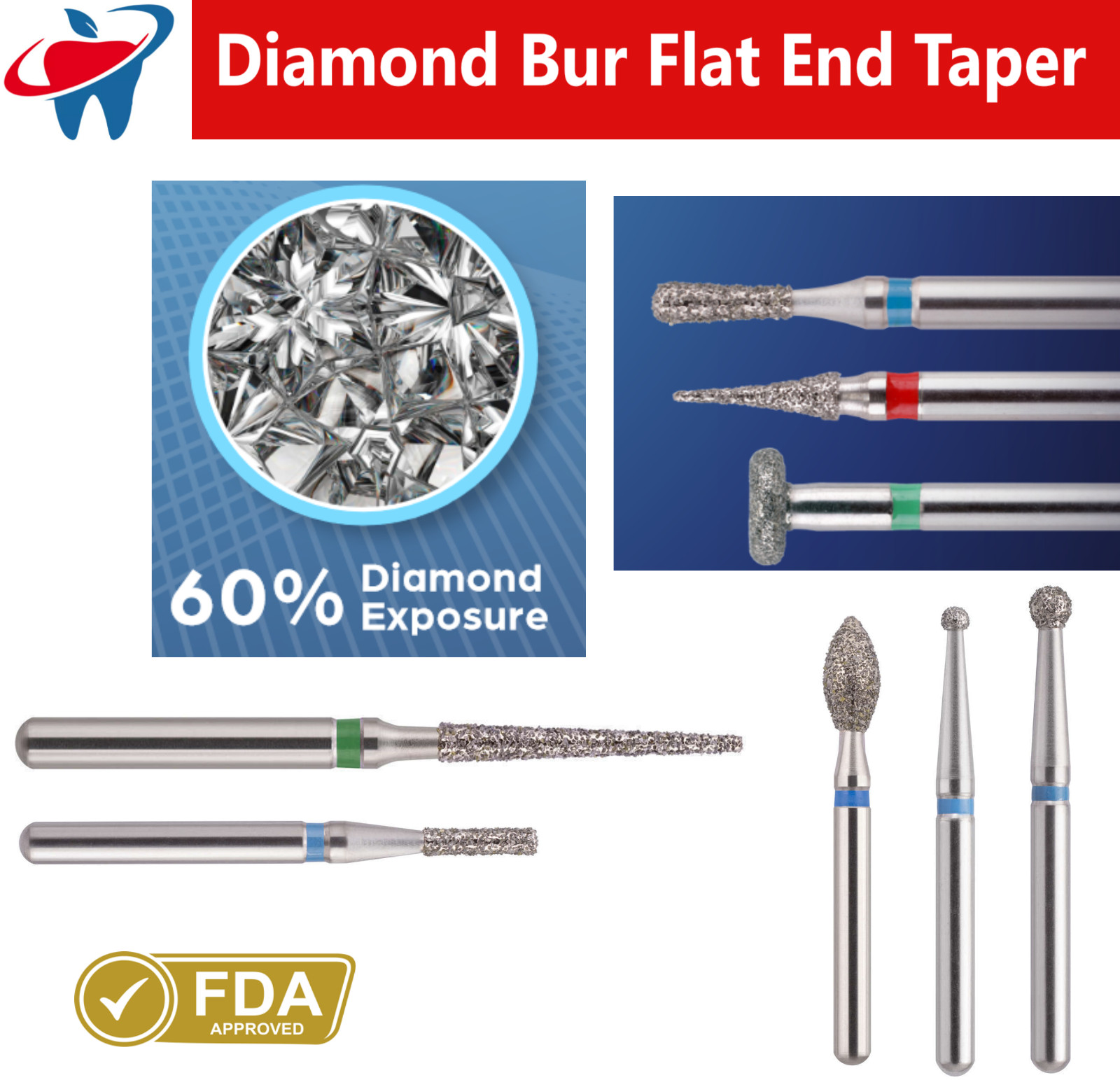 Dental Burs Diamond FG High Speed Bur Round End 801 018M, Medium 5/pk Taper Ball