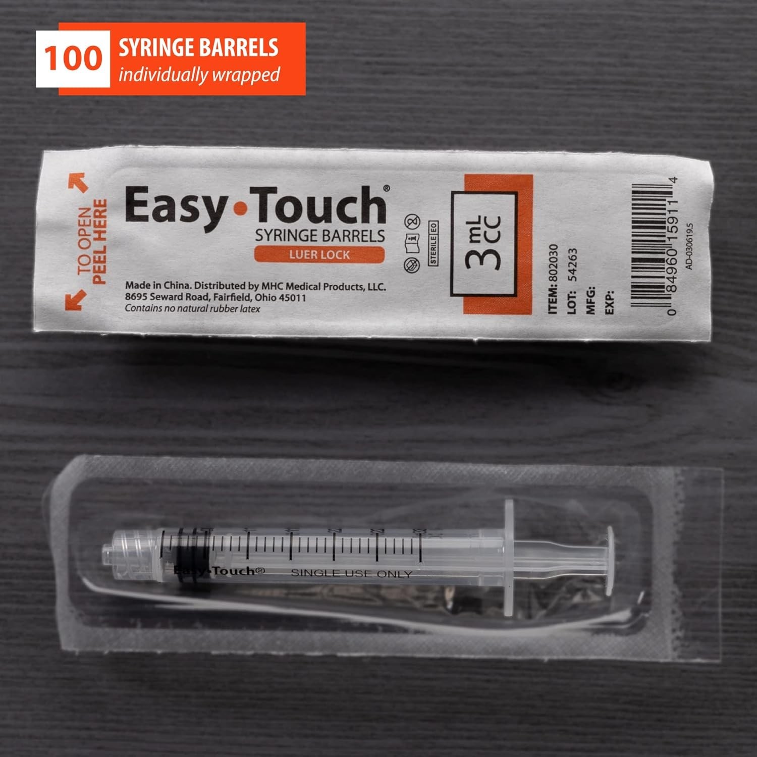 Easy Touch Luer-Lock Syringe Barrel, 3ML Syringe, Pack of 100 3 cc/ml, Orange