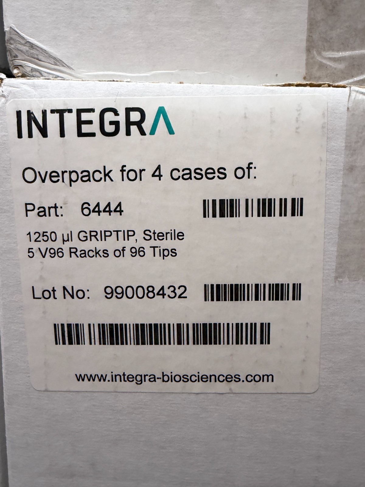 Integra (6444) 1250 uL GRIPTIP, Sterile, 4 cases of 5 V96 Racks of 96 Tips