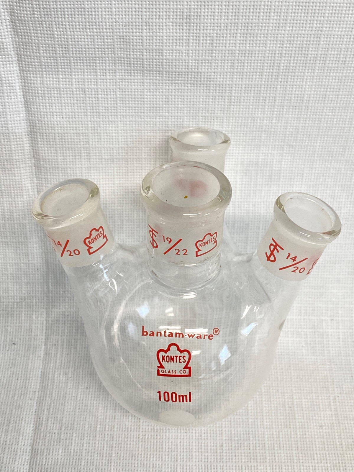 KONTES Bantam-Ware Glass 100mL 14/20 19/22 4-Neck Angled Round Bottom Flask
