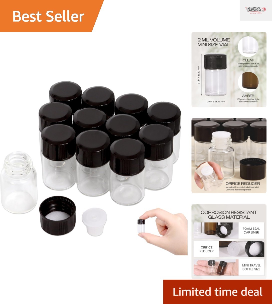 12PCS 2ML Clear Glass Vials with Orifice Reducers for Essential Oils and Travel