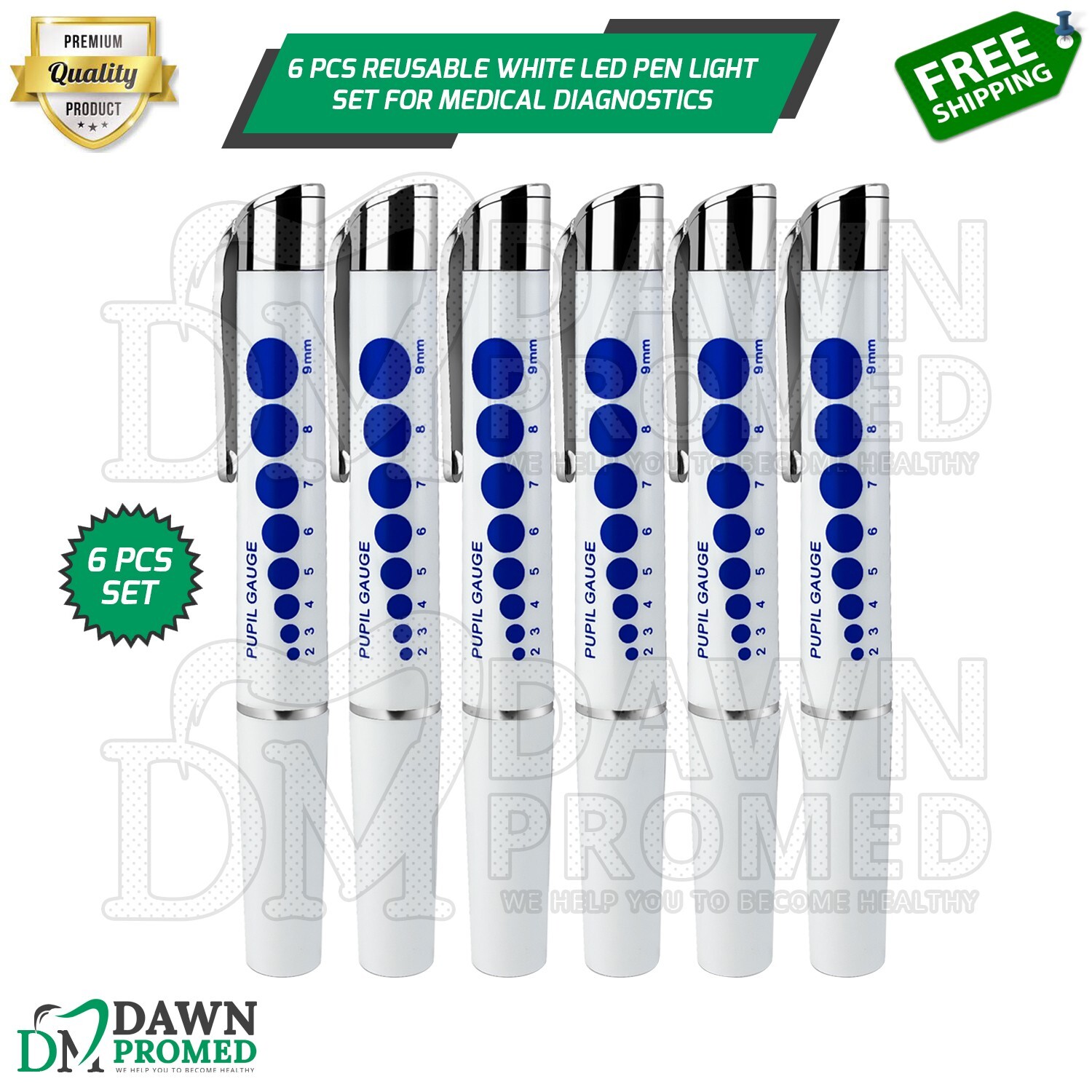 6 Pcs Reusable White LED Pen Light Set With Pupil Gauge for Medical Diagnostics