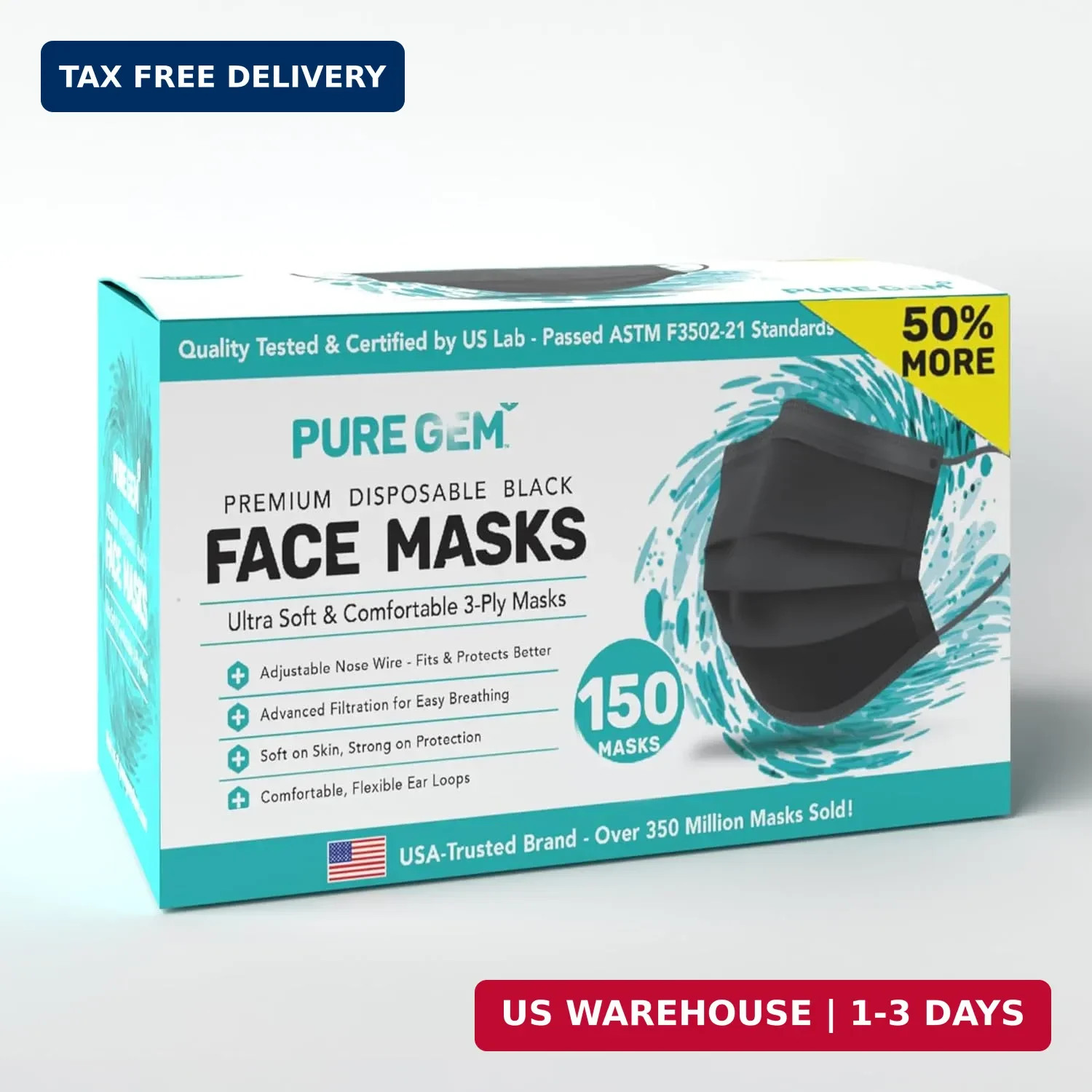 [Pack Of 150] Black Disposable Face Mask, 3-Ply Adult Masks, Facial Cover with E