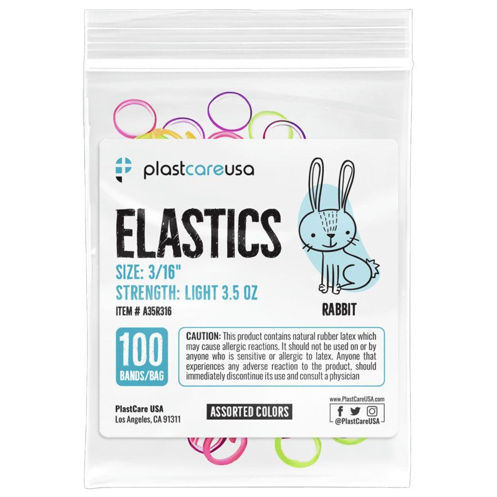 plastcareusa 3/16″ Rabbit, Light 3.5 oz Elastic Bands, Asst Colors, 100/Bag