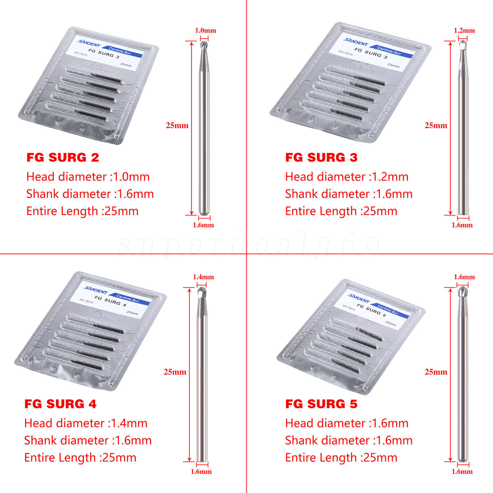 Dental Surgical Carbide Round Burs Head 1.0mm 1.2mm 1.4mm 1.6mm FG SURG 25mm SA