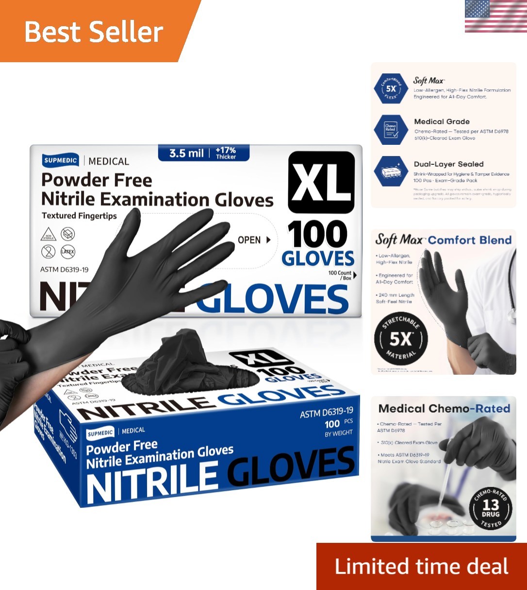 100 Pack of Waterproof Black Nitrile Gloves – Medical-Grade Food Prep & Exam Use