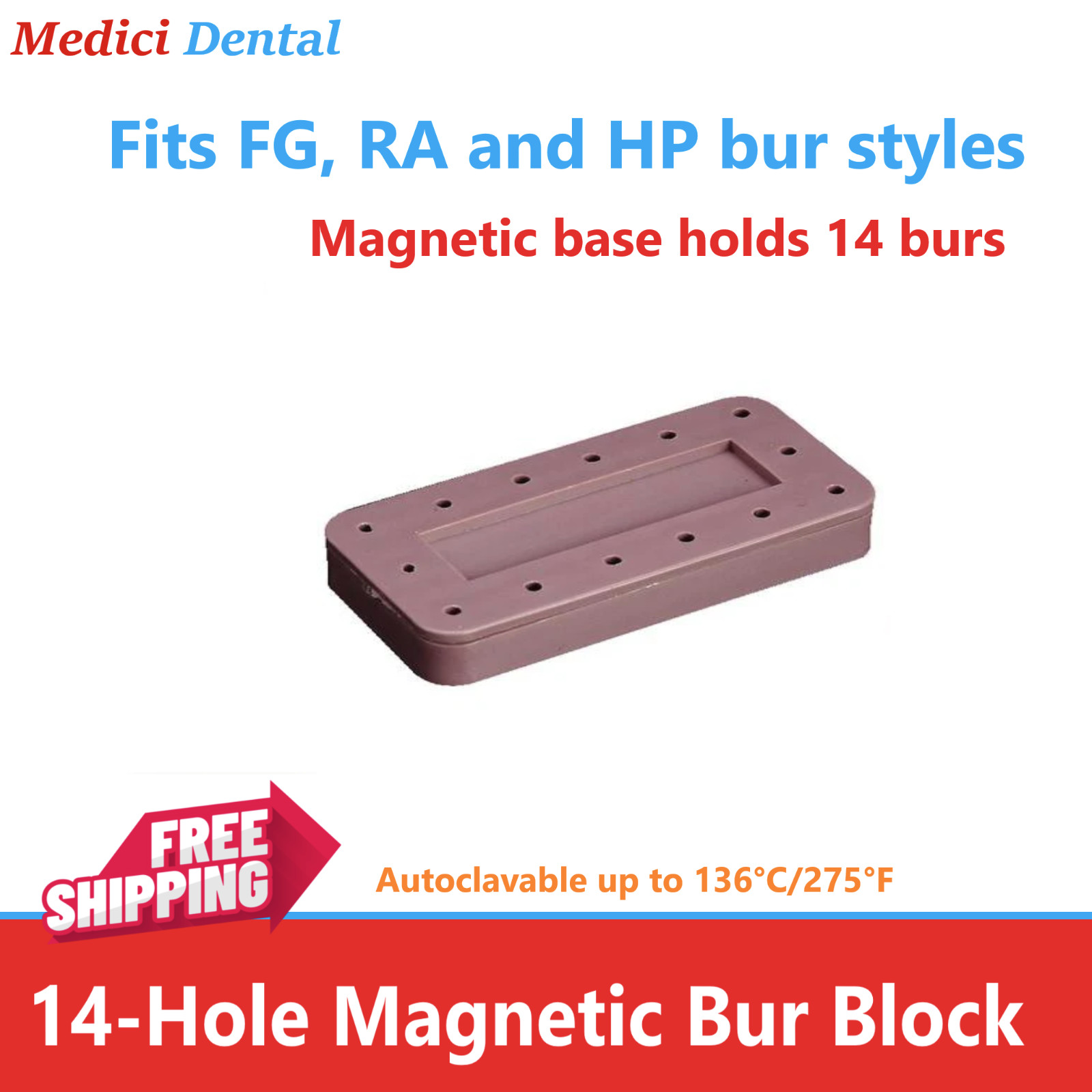 Dental Bur Block Magnetic RECTANGULAR Lab Holder Station Hold 14 Burs FG, HP, RA