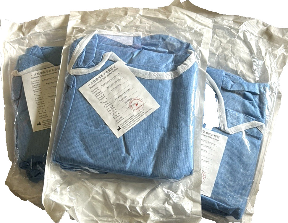 3 Disposable Surgical Gowns Blue, SMS Standard Size L