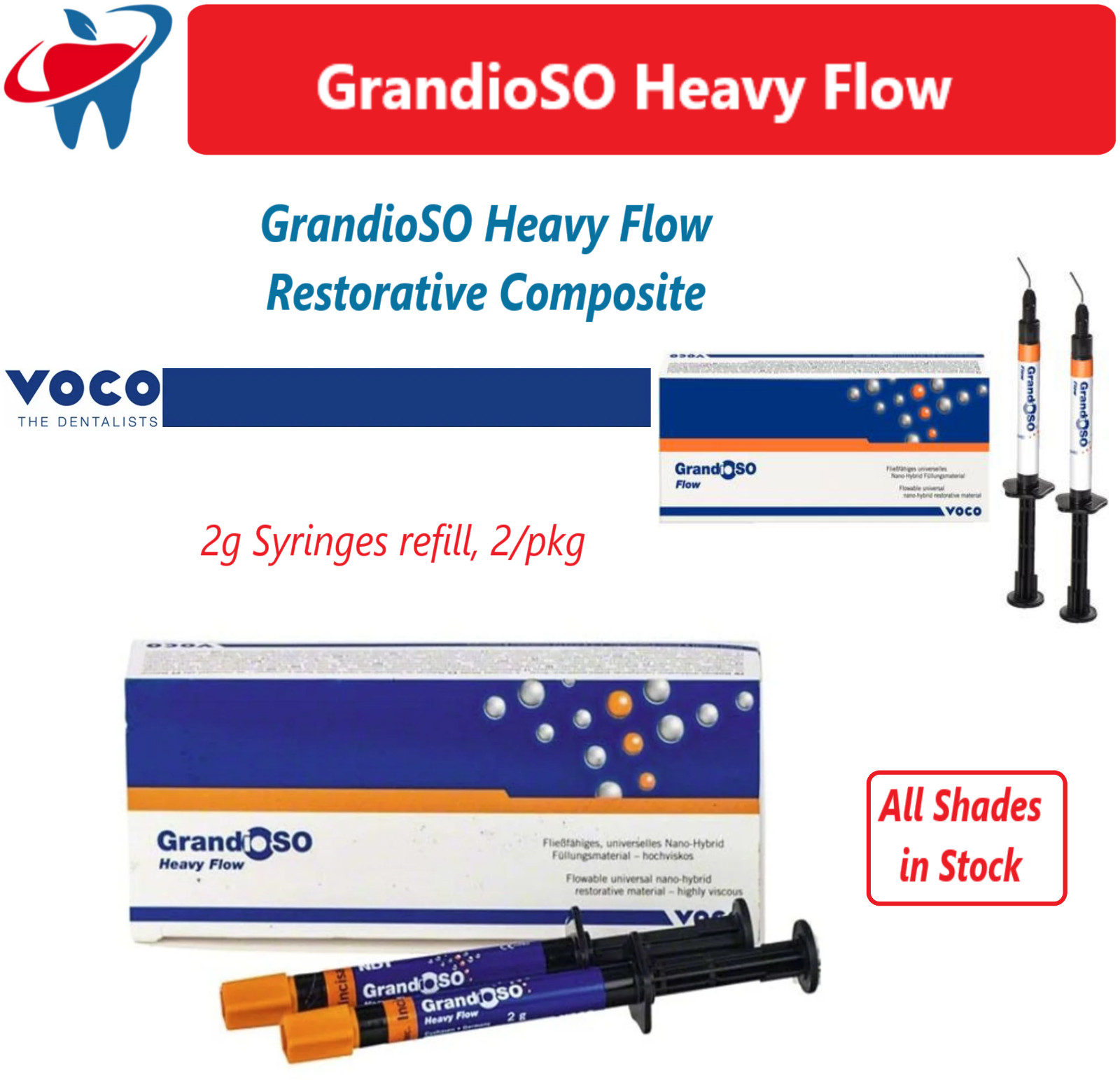 Dental Voco GrandioSO Heavy Flow Restorative Composite Syringe 2 x 2 g – Shades