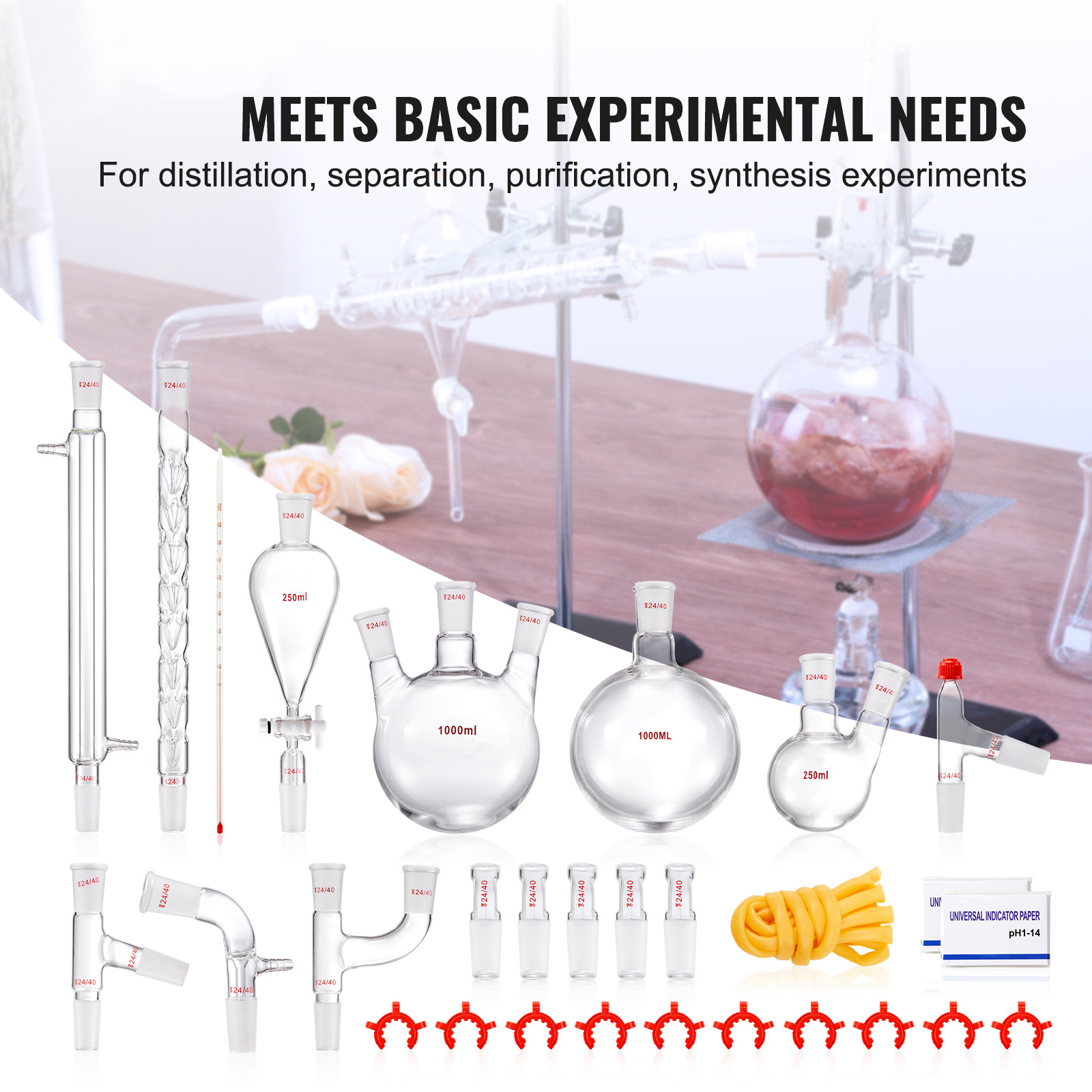 VEVOR Lab Glassware Distillation Kit 1000ml 3.3 Boro 29 pcs Glassware Equipment