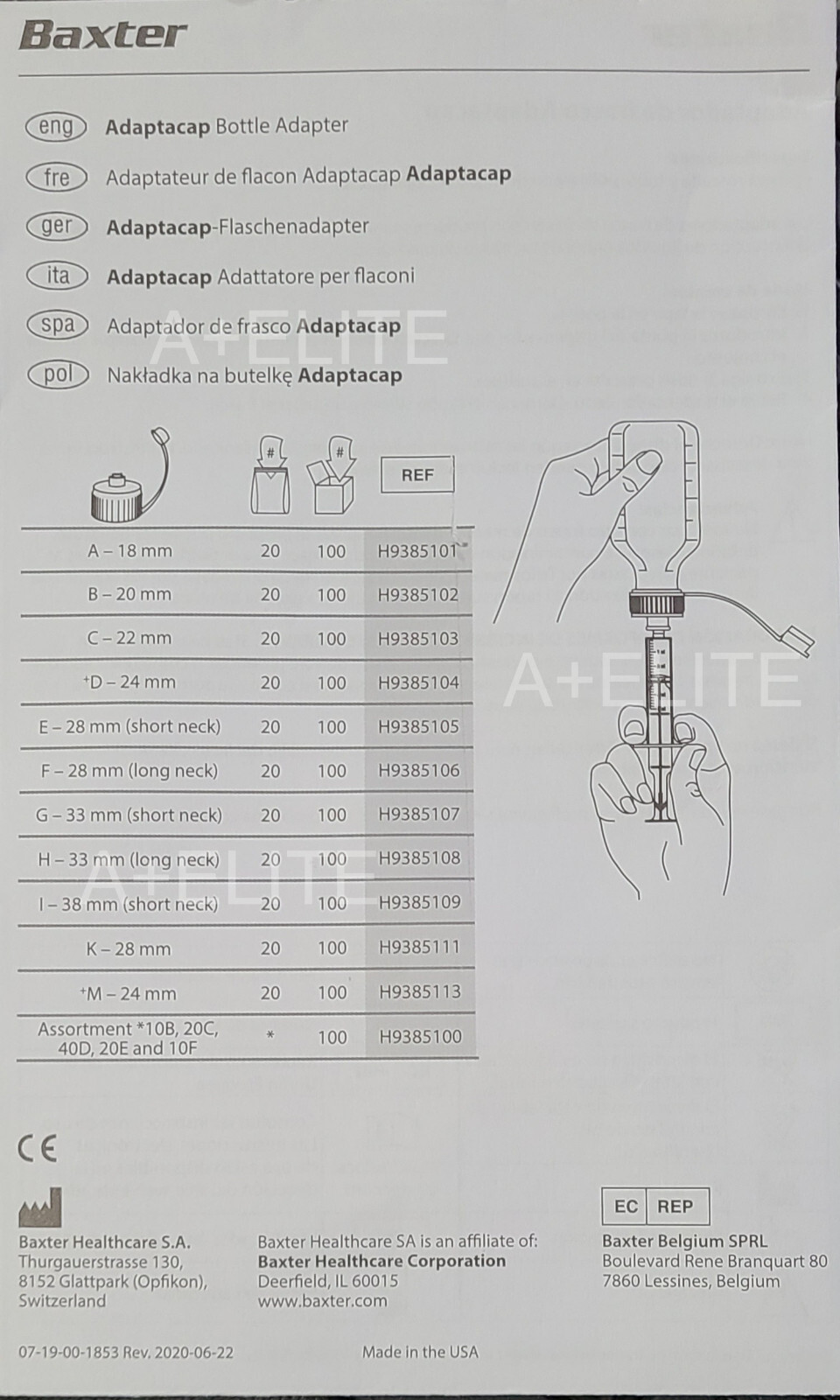 BAXTER BAXA ADAPTA-CAP Bottle Exactamed Adapter Size F 28mm Long 20/PK H9385106