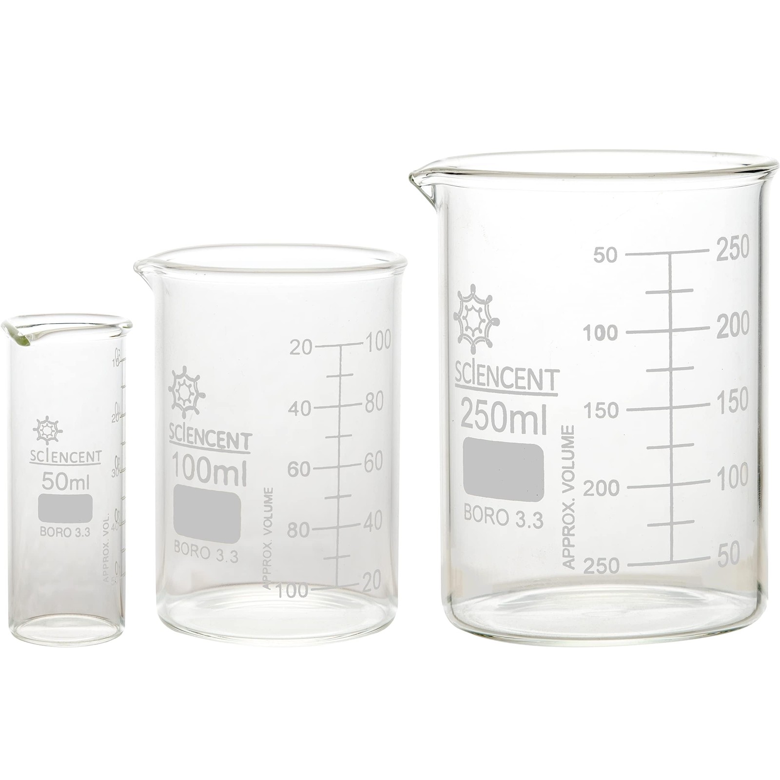 SCIENCENT Glass Beaker 50ml, 100ml, 250ml (Set of 3) Set 3, 0