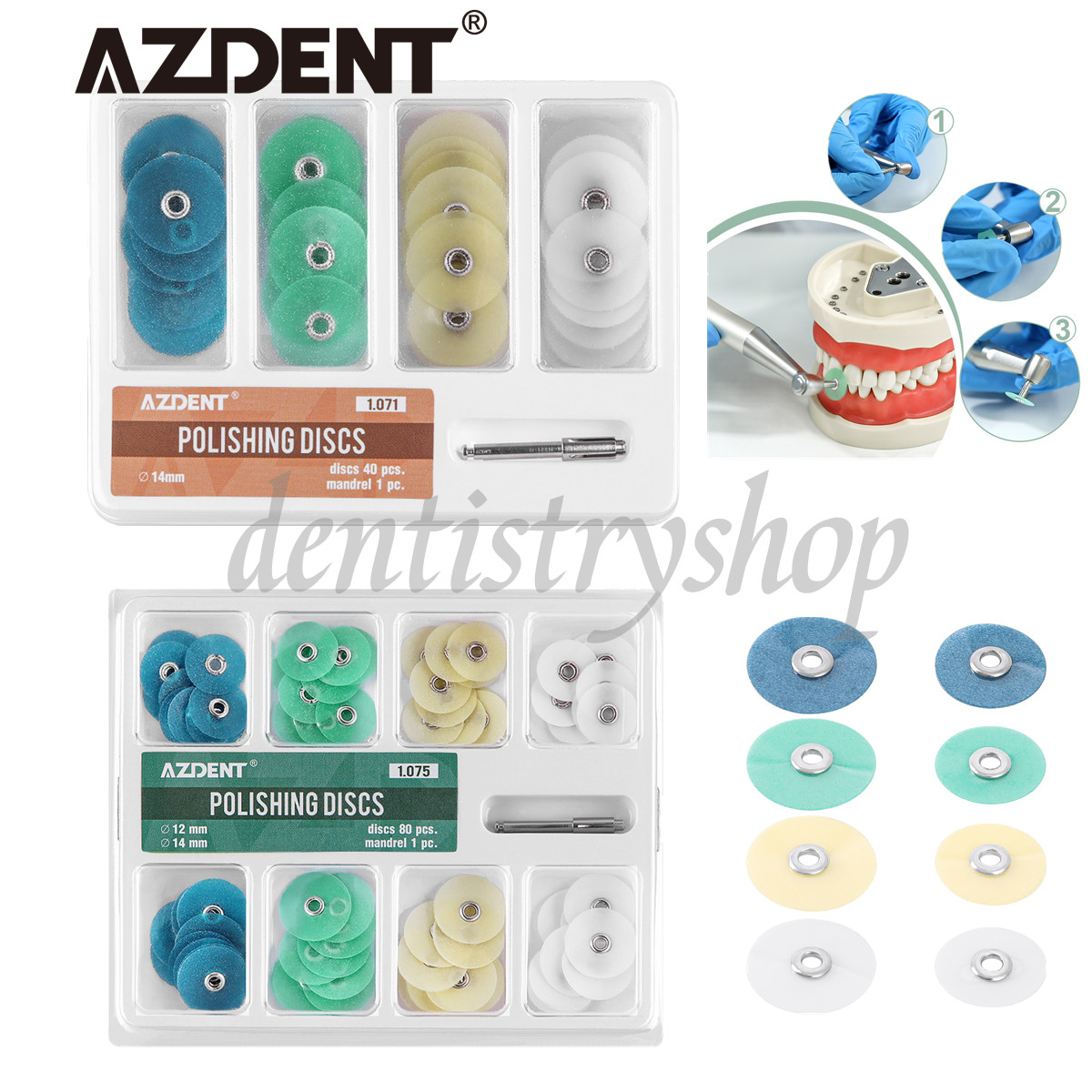 AZDENT Dental Composite Finishing Polishing Discs Assorted Kit + Mandrel 12/14mm