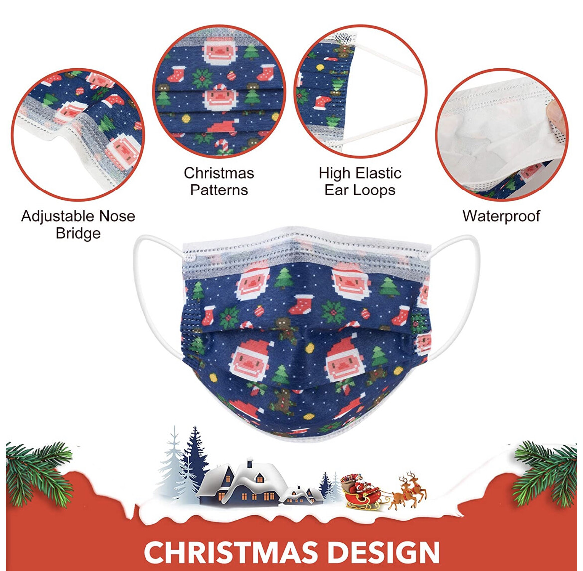 [50 Pcs] 3ply patterns Disposable Face Mask 3 Ply Earloop Christmas Mouth Cover