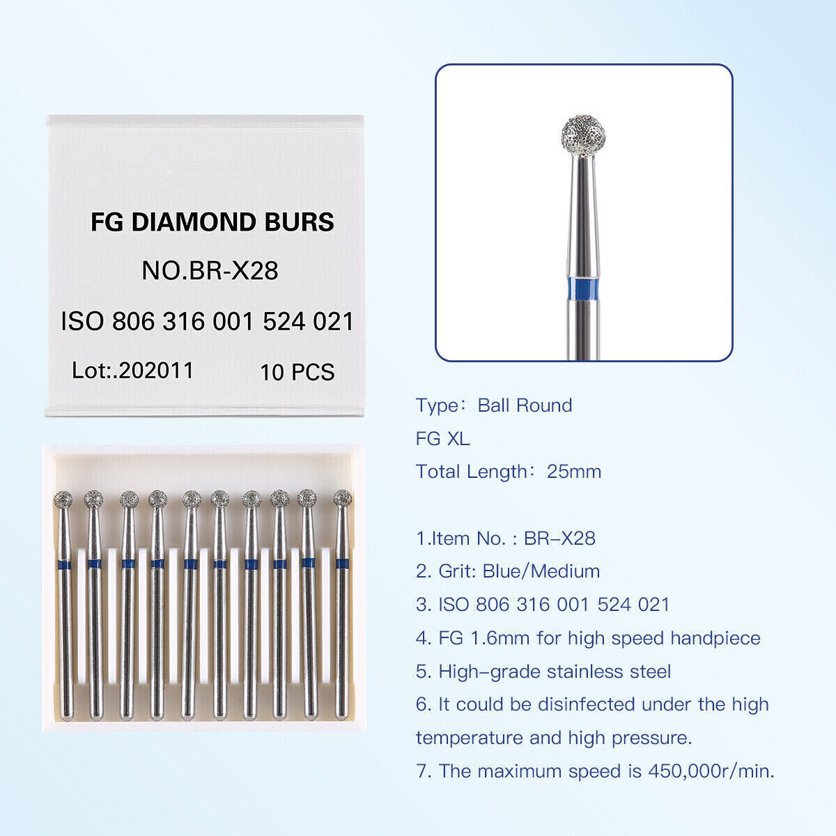 3 Box Dental Surgical Diamond Bur Ball Round FG XL 25mm Coarse Medium Grit 1.6mm