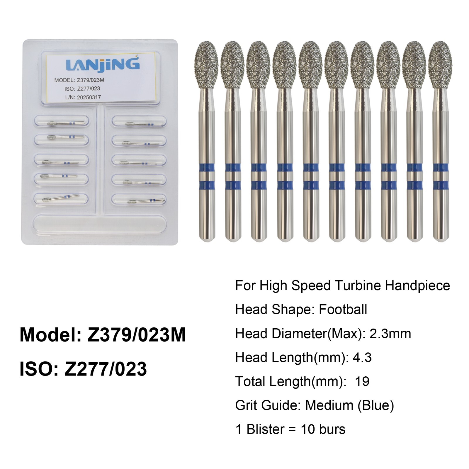 Dental Zirconia Diamond cutting Burs Football Medium Grit High Speed Z379/023M