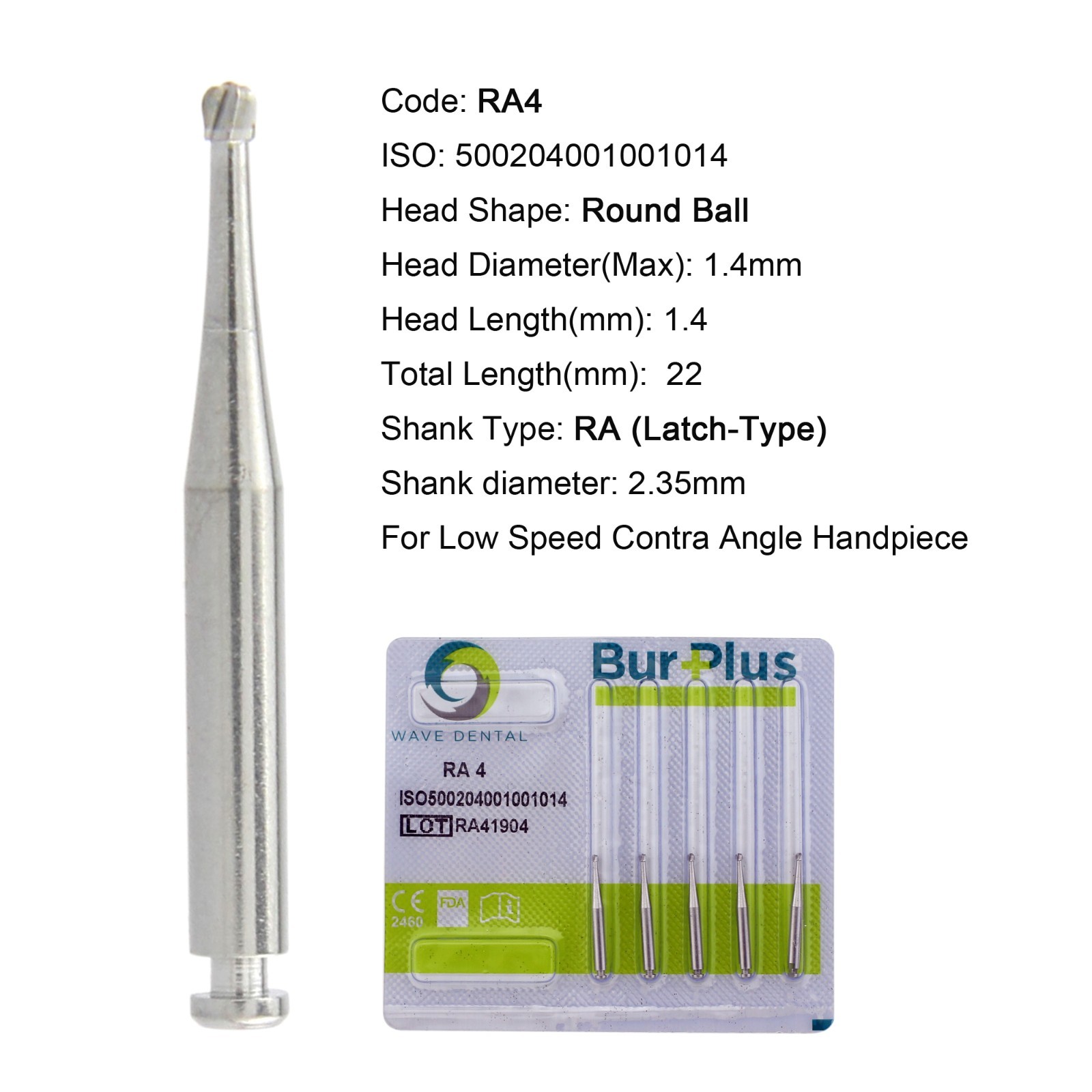 Wave Dental Carbide Burs Round Latch RA 4 22mm LA for Slow Speed Contra Angle