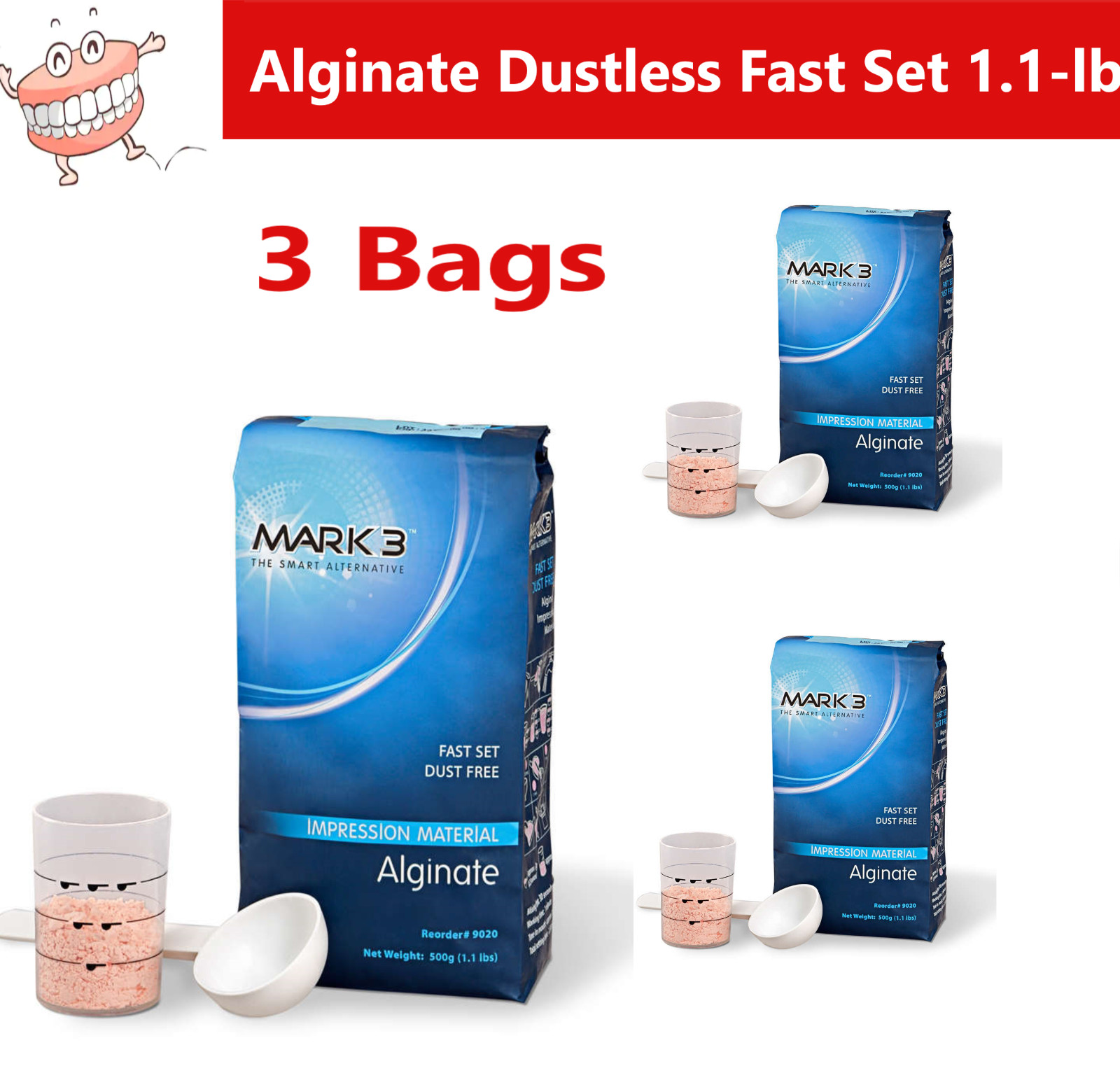 Dental VPS Alginate Impression Material Dustless Fast Set, Mint, 3 Bags (3.3Lbs)