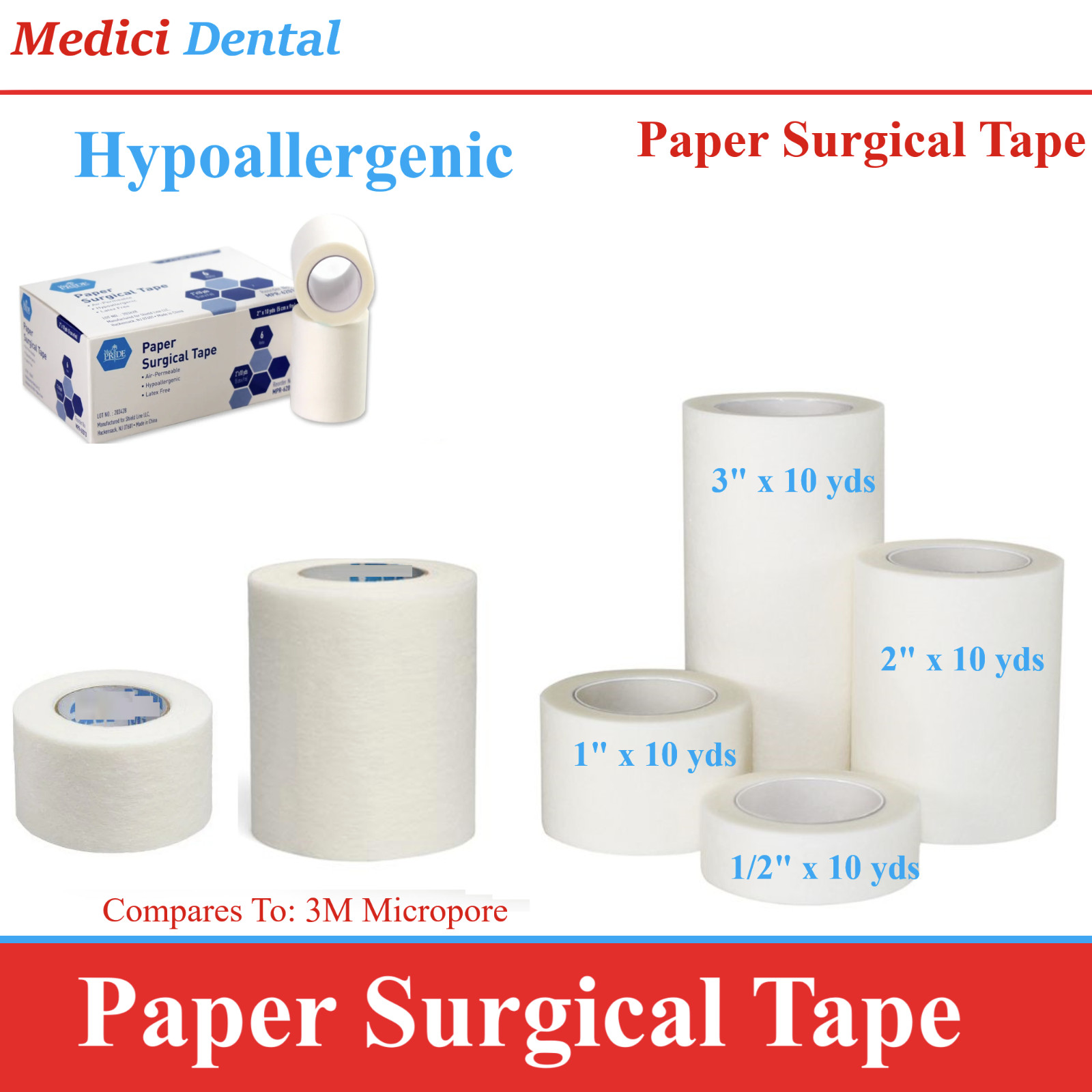Medical Micropore Paper Surgical Tape 1/2″ x 10, 1″ x 10, 2″ x 10, 3″ x 10 yds