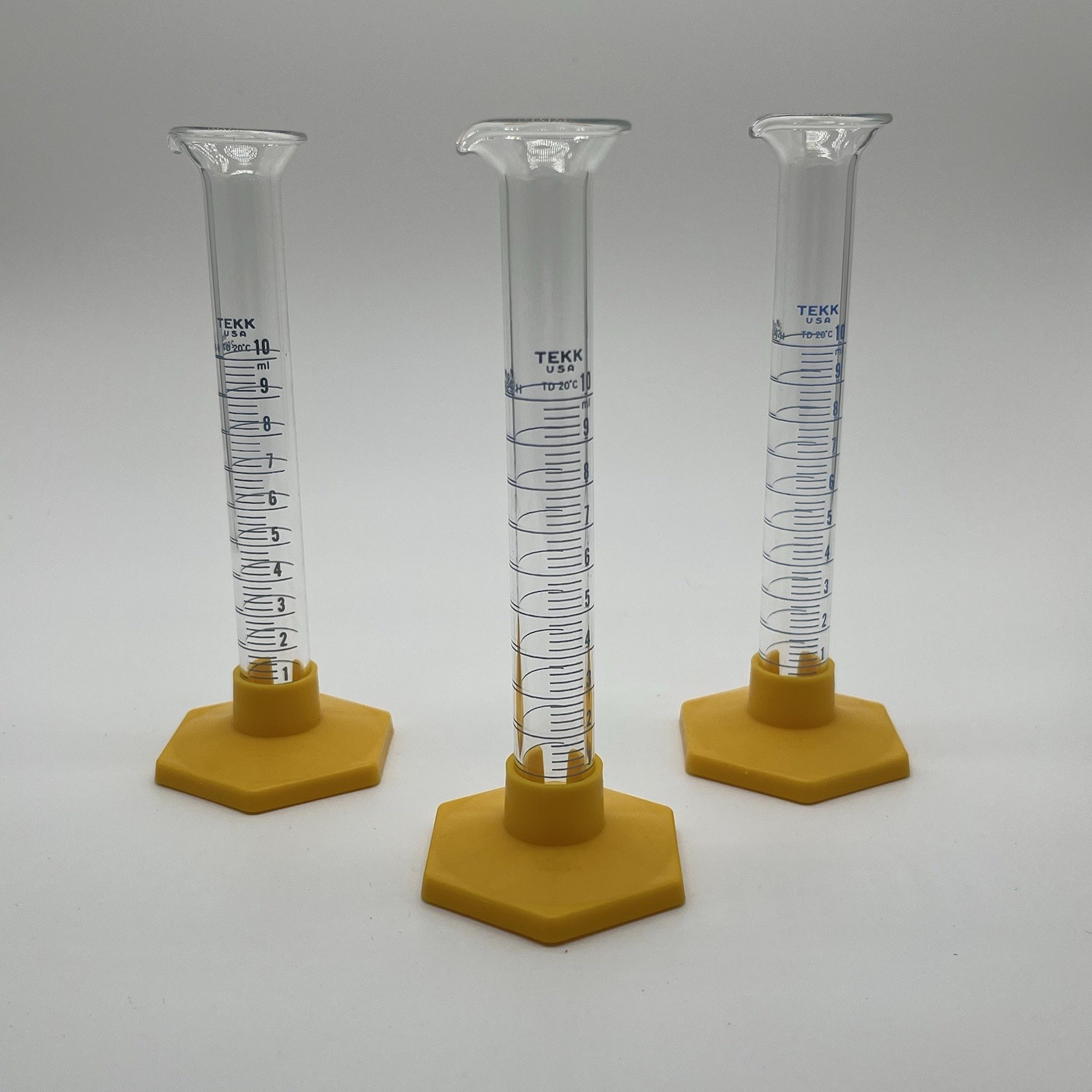 New Lot of 3 Kimble TEKK 10mL Glass Graduated Cylinders with Bases 20025-H