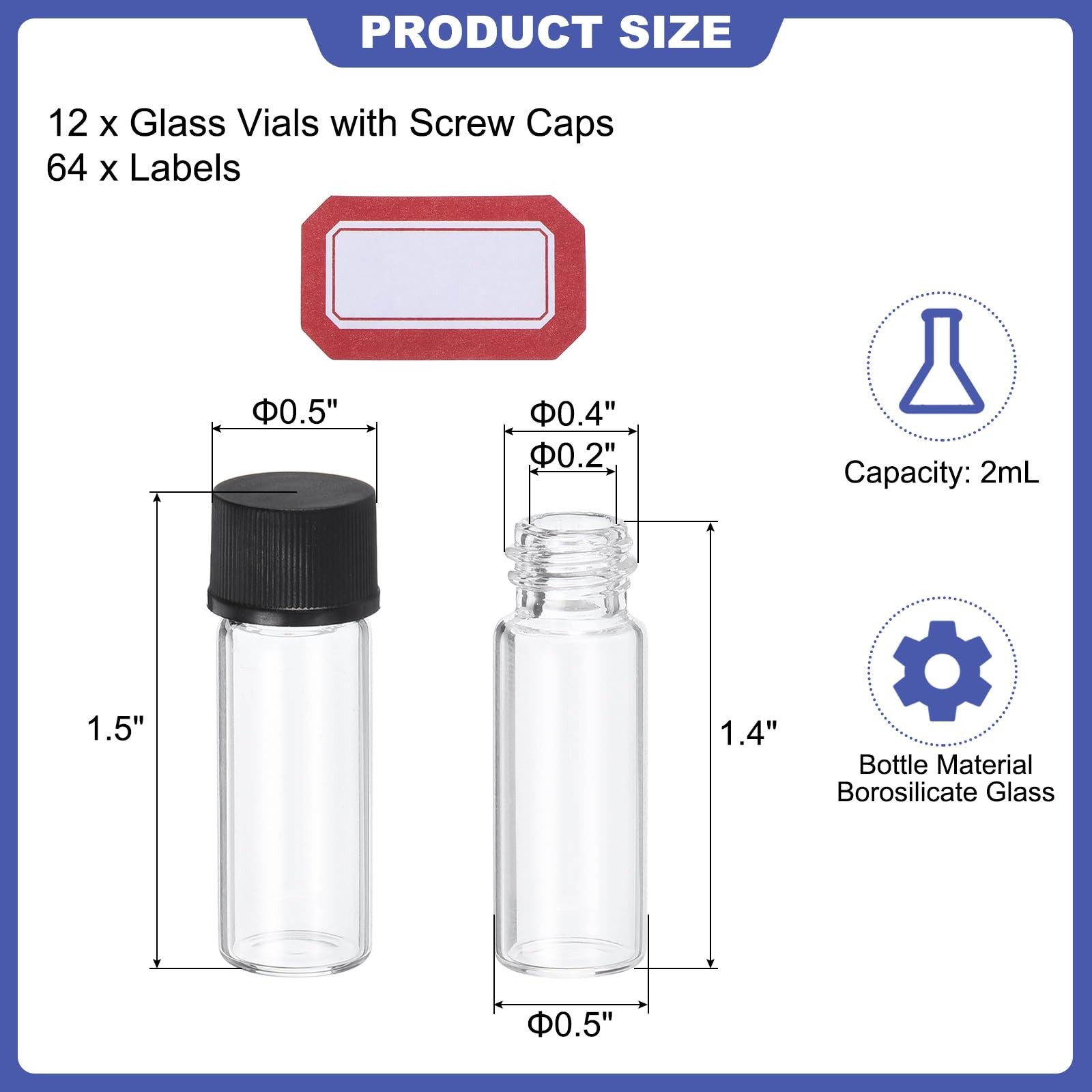 2ml Clear Glass Vials, 12 Pack Sample Vials with Screw Cap Reagent Media Bott…