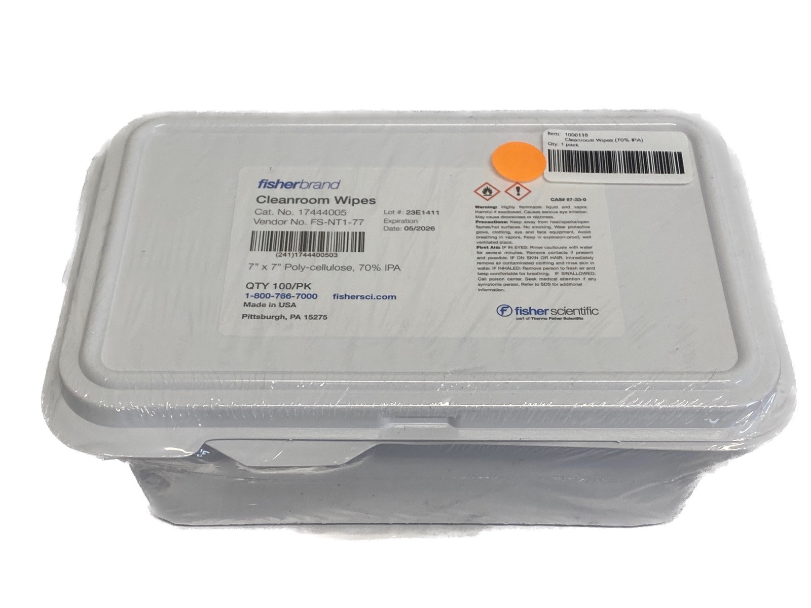 (100) FISHERBRAND Pre-Saturated Nonwoven 70% IPA Cleanroom Wipes 7×7” 17444005