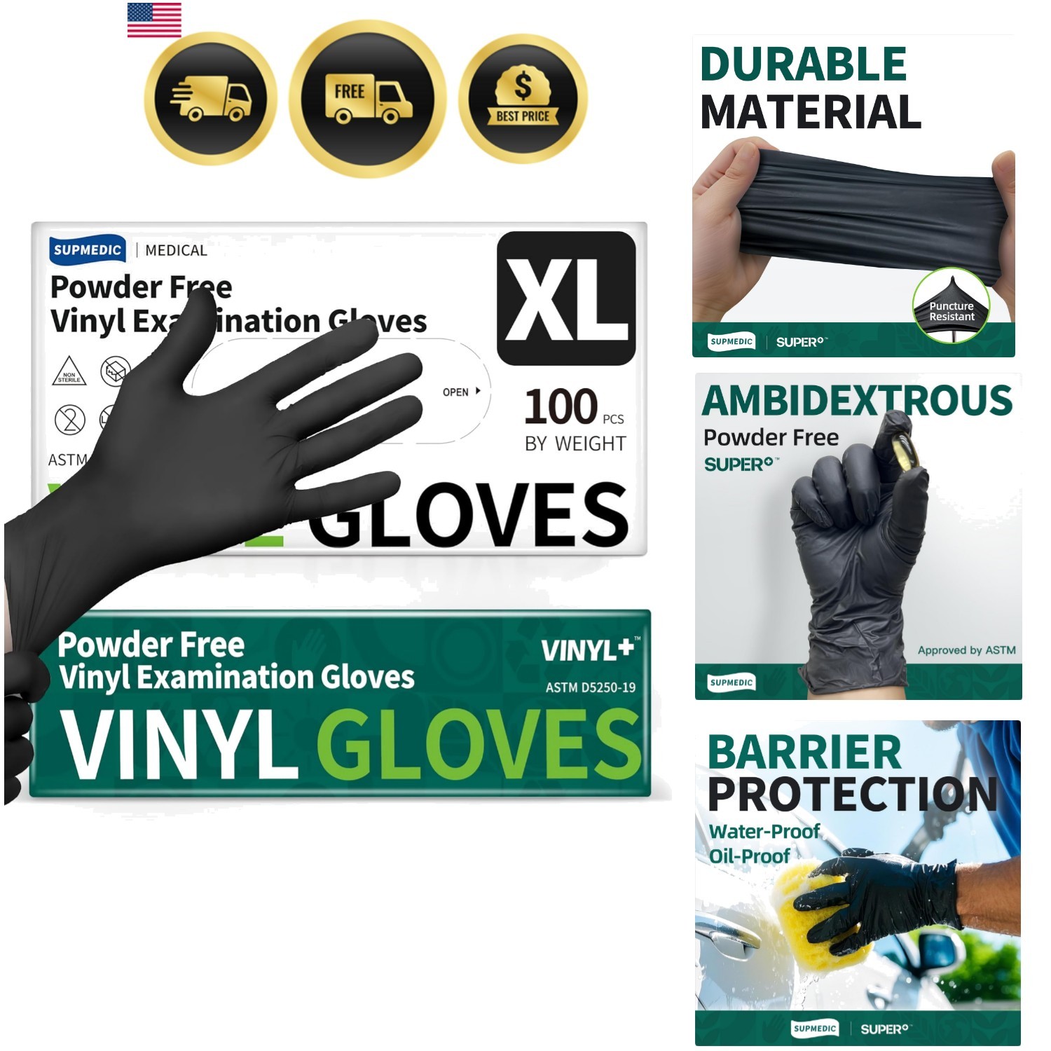Vinyl Disposable Exam Gloves, Black 4Mil Powder-Free Latex-Free Medical Food …