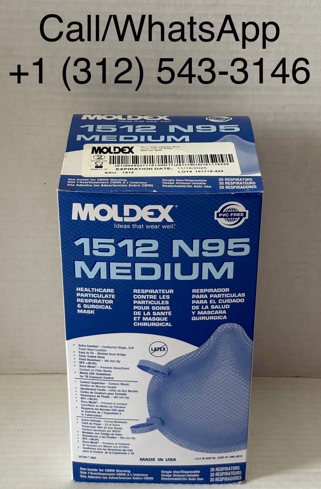 Moldex N95 Respirator surgical Masks Case of 160 # 1512 Medium Exp. Date 11/2025