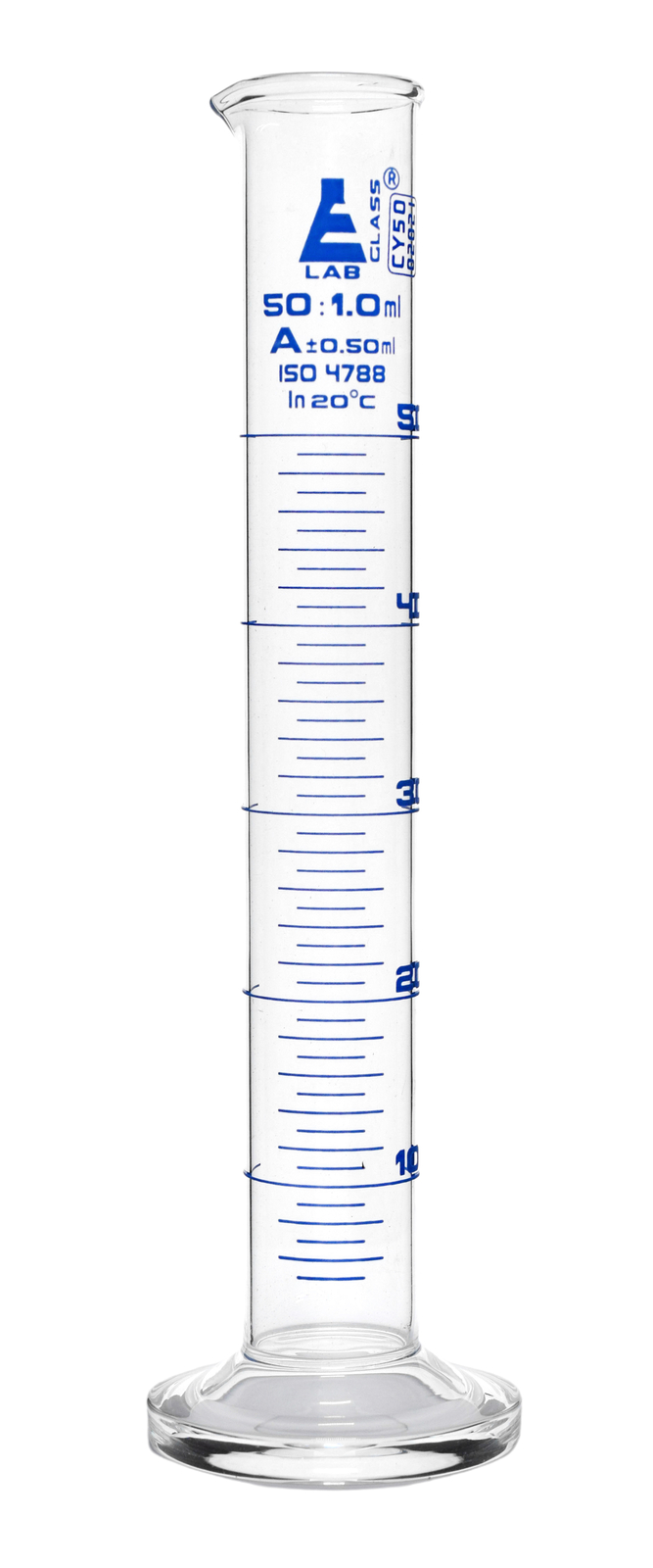 Eisco Labs 50ml Graduated Cylinder, Class A – Blue Graduations, Round Base