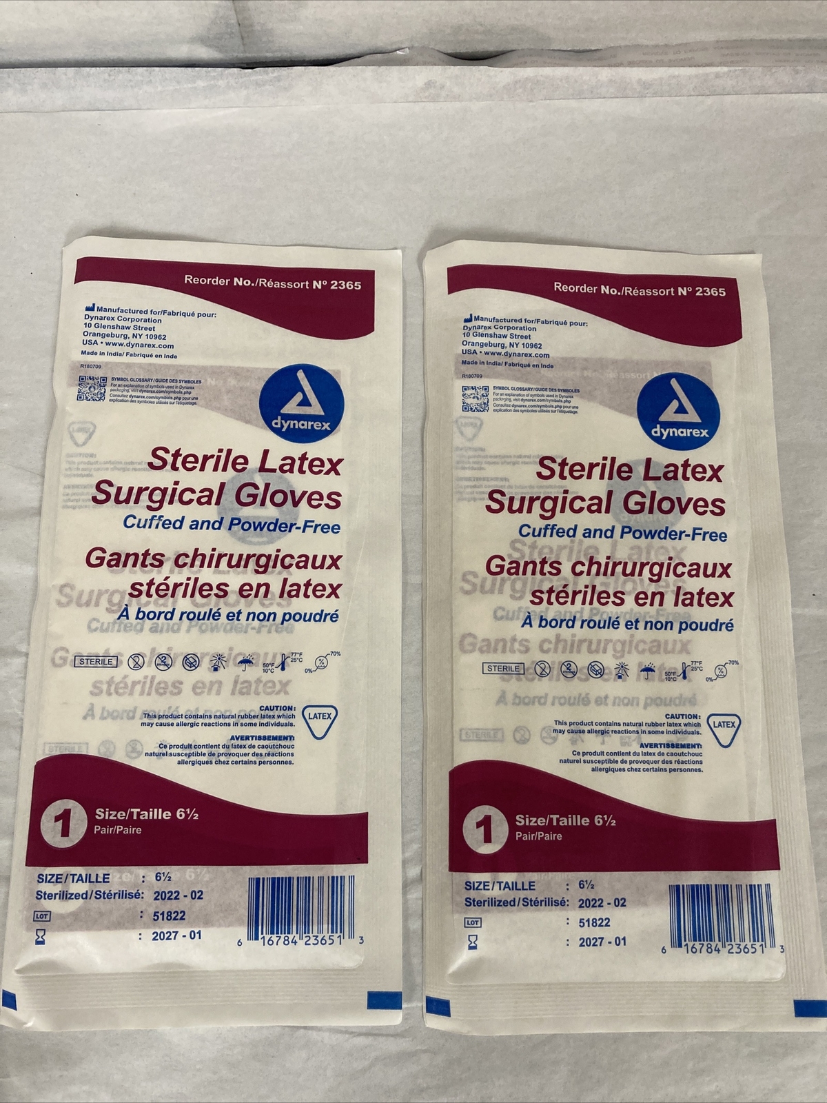 Dynarex #2365 Sterile Latex Surgical Gloves, Size 6.5 – lot of 2 pairs