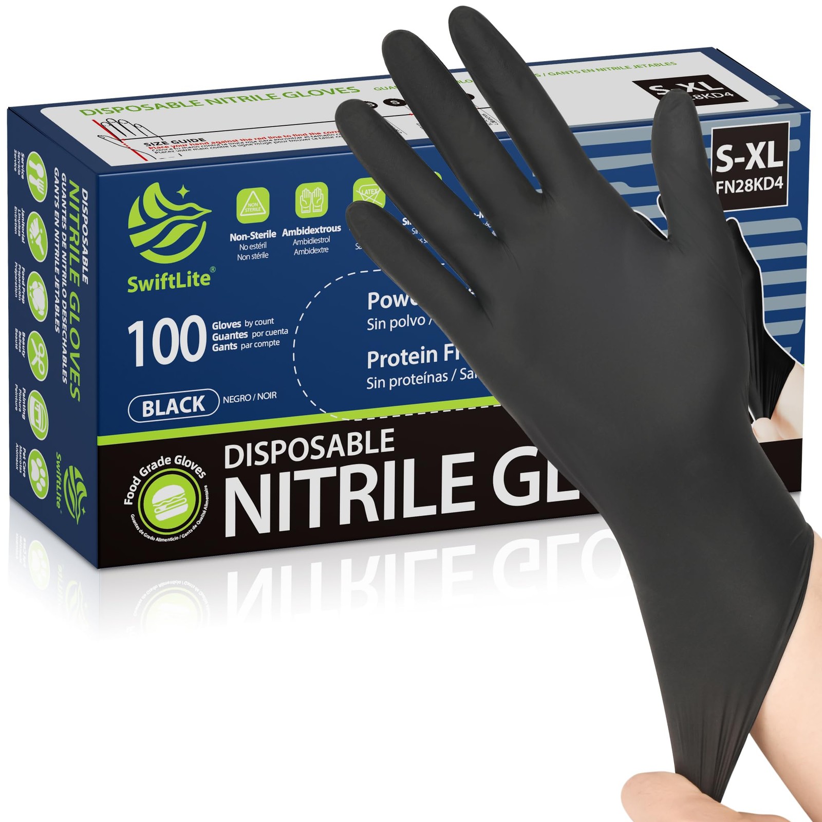 SWIFTLITE Black Nitrile Gloves Food Safe Disposable Latex Free Rubber 100 Medium