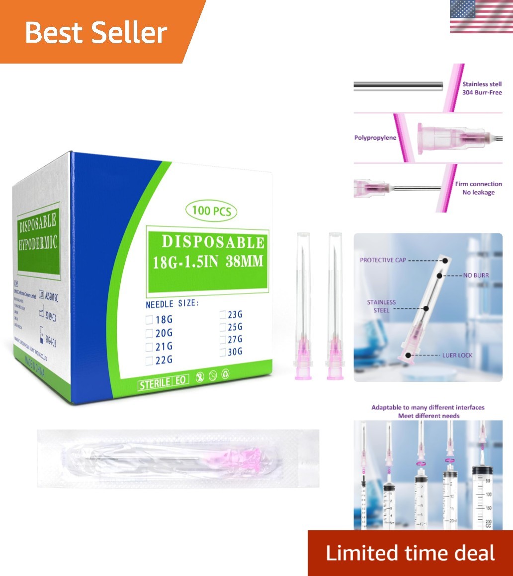 High-Quality 18 Ga 1.5IN Disposable Needles – Individually Wrapped for Hygiene