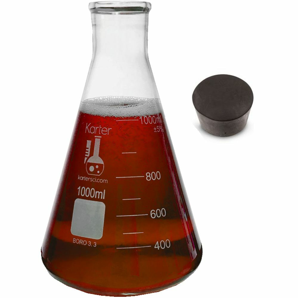 1000ml Erlenmeyer Flask with Rubber Stopper, Glass, Karter Scientific (Single)