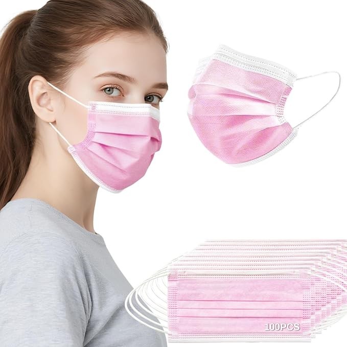 100 PCS Pink Disposable Face Mask – 3 Ply Filter 1 Count (Pack of 1),