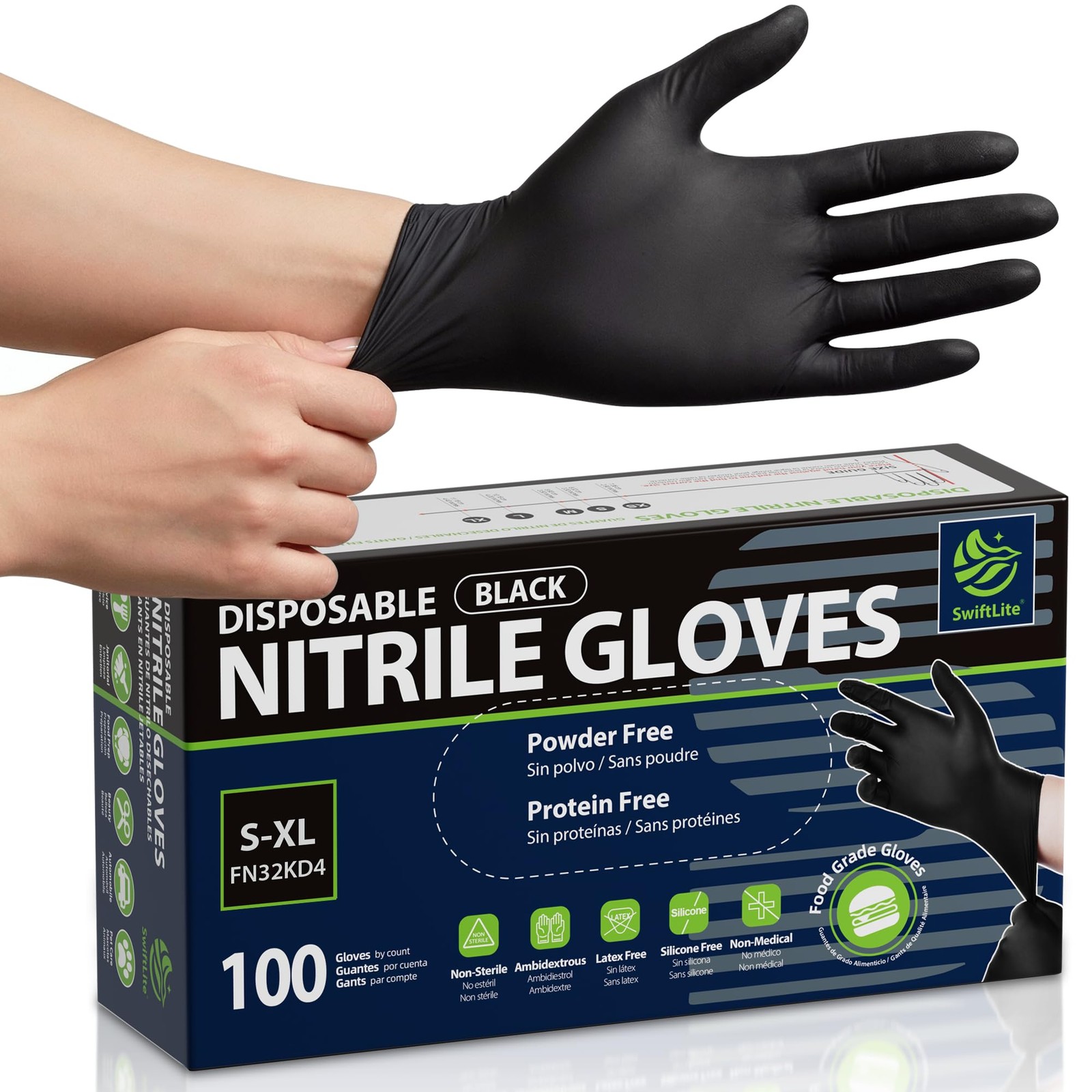 SWIFTLITE Black Nitrile Disposable Gloves, Food Safe, Medium, 100 Count
