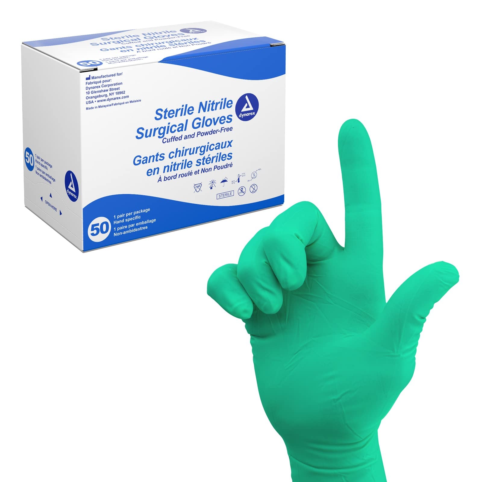 Dynarex Sterile Nitrile Surgical Gloves Size 7.5 Latex Free Comfortable Durable