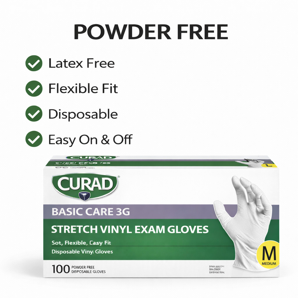 CURAD Basic Care 3G Stretch Vinyl Exam Gloves, Size M Soft Flexible Easy Fit