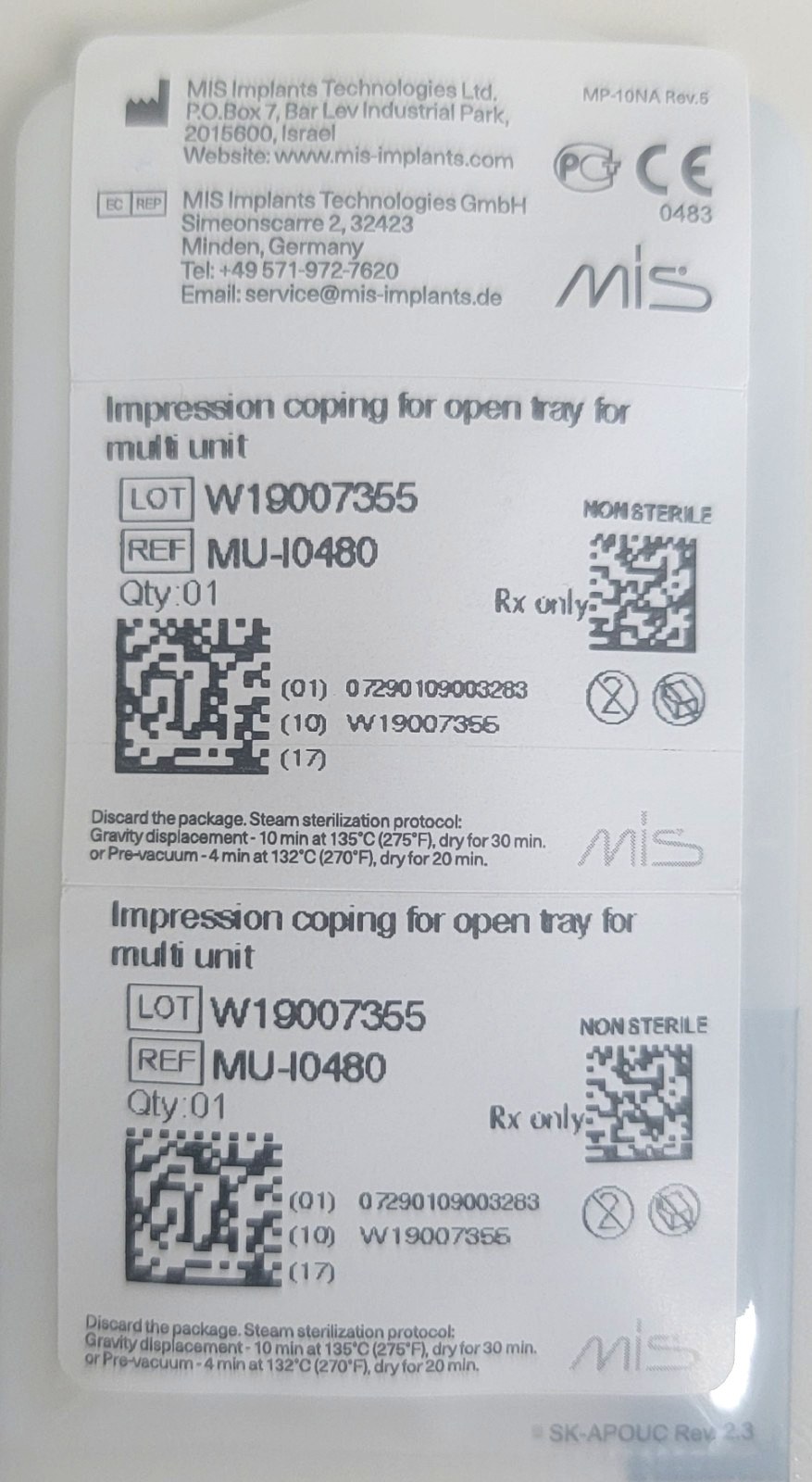 Original MIS Impression Coping for open tray for multiunit abutment .MU-1048