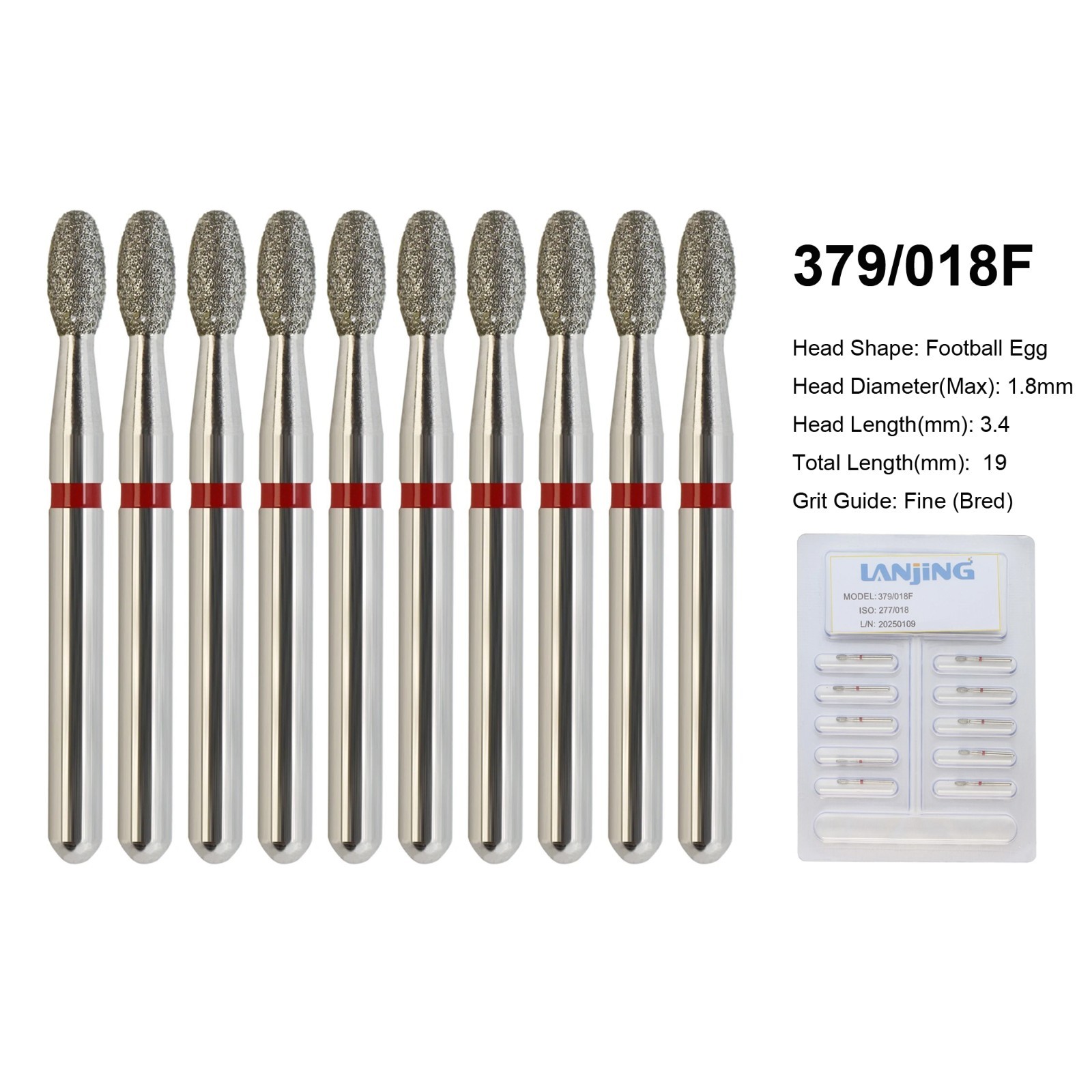 Dental Football Diamond Bur 379/018F Egg Shape Fine Red Friction Grip High Speed